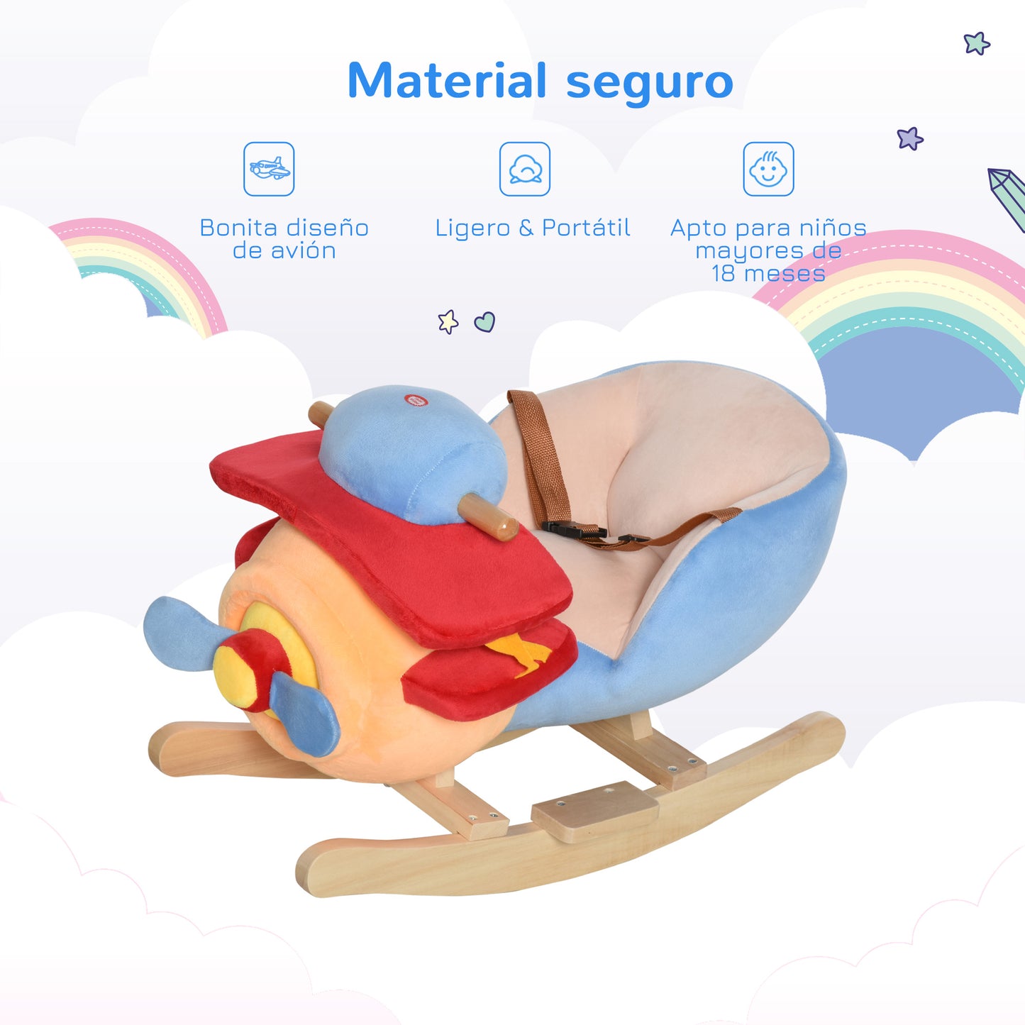 HOMCOM Caballo Balancín para Niños de +18 Meses Avión de Peluche con Música y Cinturón Seguridad Caballito Infantil 60x33x45 cm Multicolor