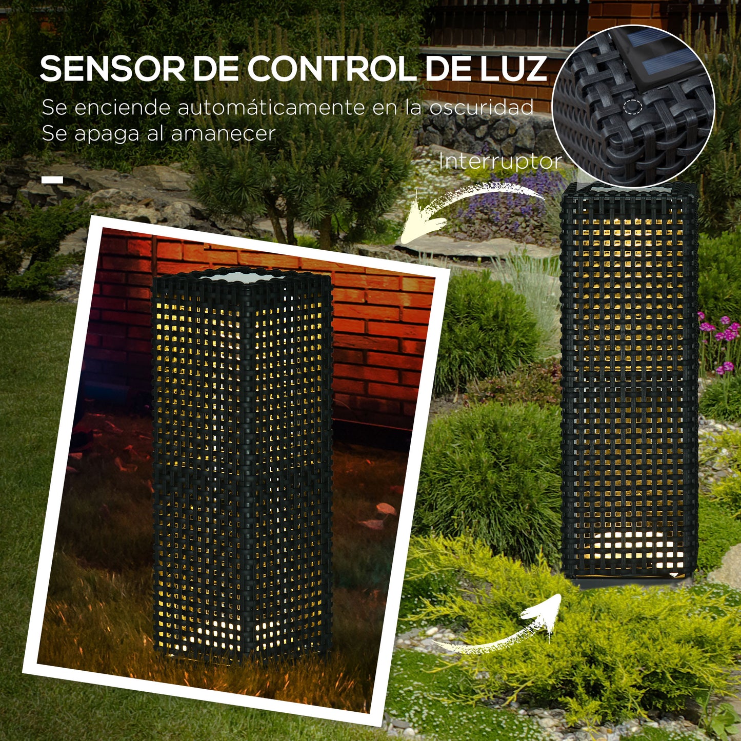 Outsunny Lámpara de Pie de Ratán Sintético Linterna Solar con Luces LED Control Automático para Decoración en Interiores y Exteriores 15,5x15,5x47 cm Negro