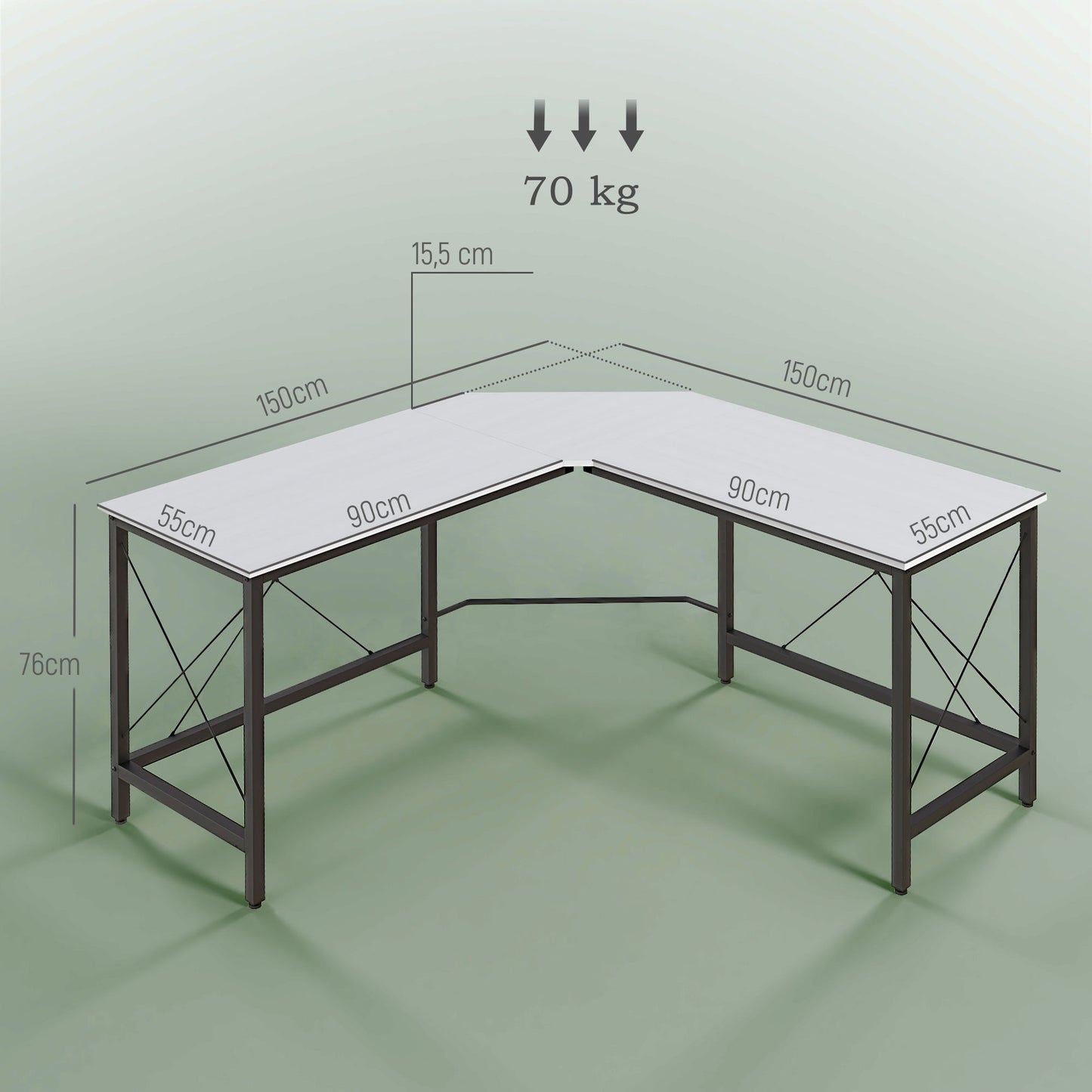 HOMCOM Escritorio en Forma de L Escritorio Esquinero Moderno con Marco de Acero Carga 70 kg para Oficina Hogar Estudio 150x150x76 cm Blanco