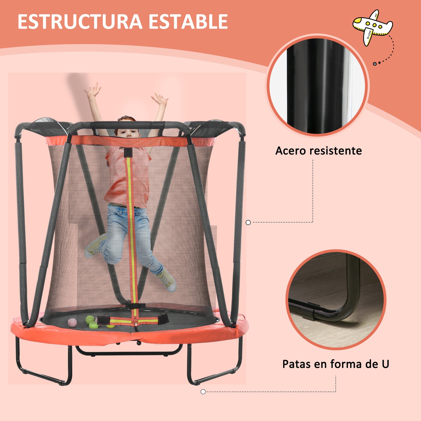 ZONEKIZ Cama Elástica Infantil Ø140 cm Trampolín para Niños de 3-10 Años con Red de Seguridad Baloncesto Aro de Baloncesto y 20 Bolas de Plástico para Interior Rojo