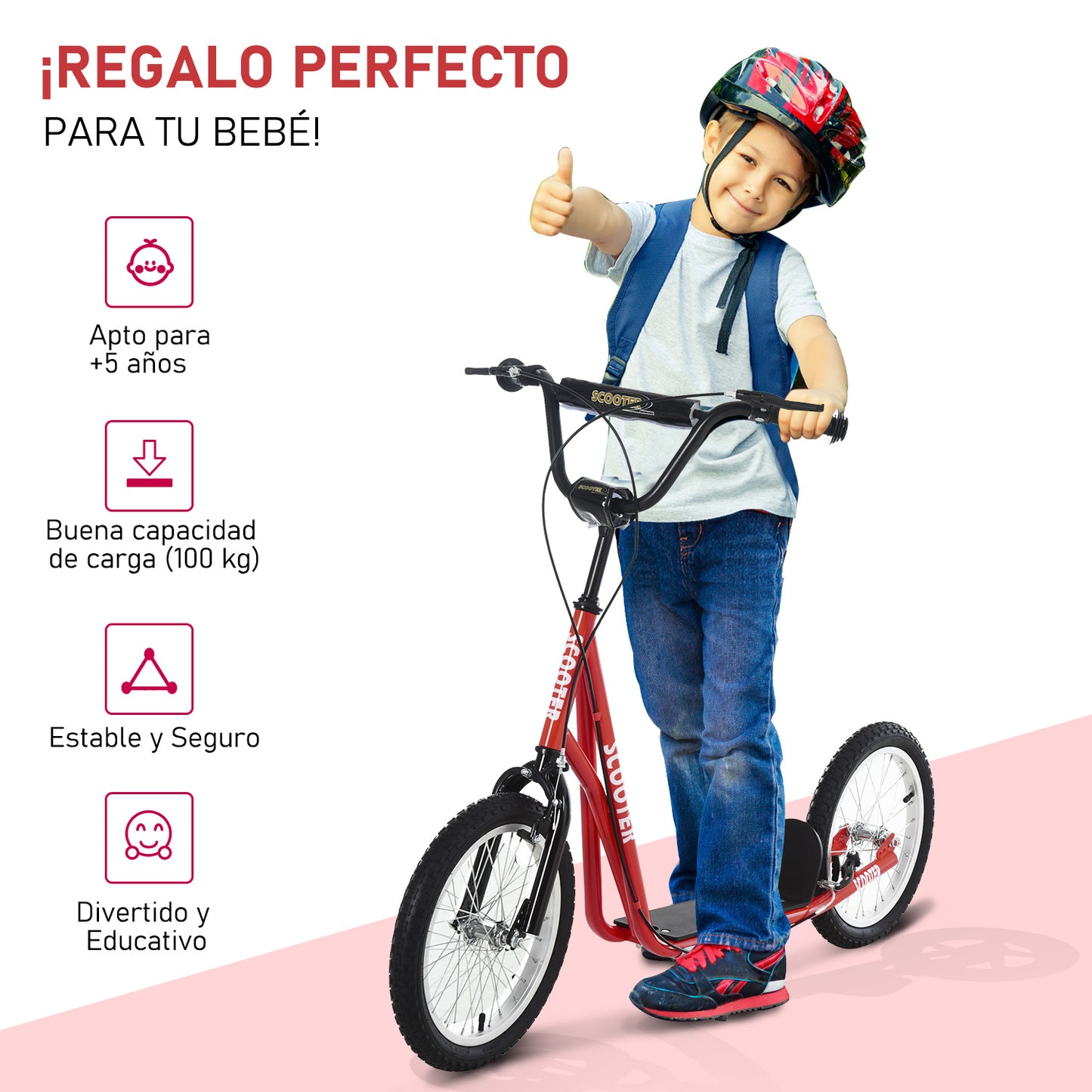 HOMCOM Scooter Patinete para Niños +5 Años y Adolescentes con Manillar Ajustable en Altura 2 Neumáticos de Caucho Inflable con Doble Freno y Ruedas 16" Carga 100 kg 139x58x90-96 cm Rojo