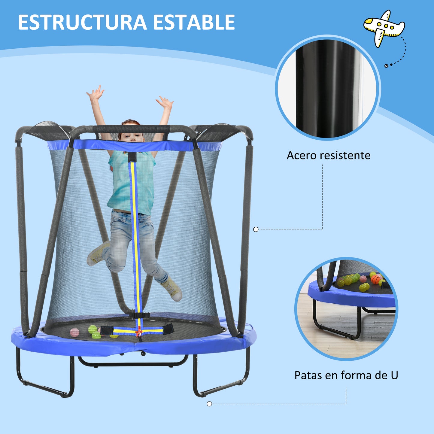 ZONEKIZ Cama Elástica Infantil Ø140 cm Trampolín para Niños de 3-10 Años con Red de Seguridad Baloncesto Aro de Baloncesto y 20 Bolas de Plástico para Interior Azul