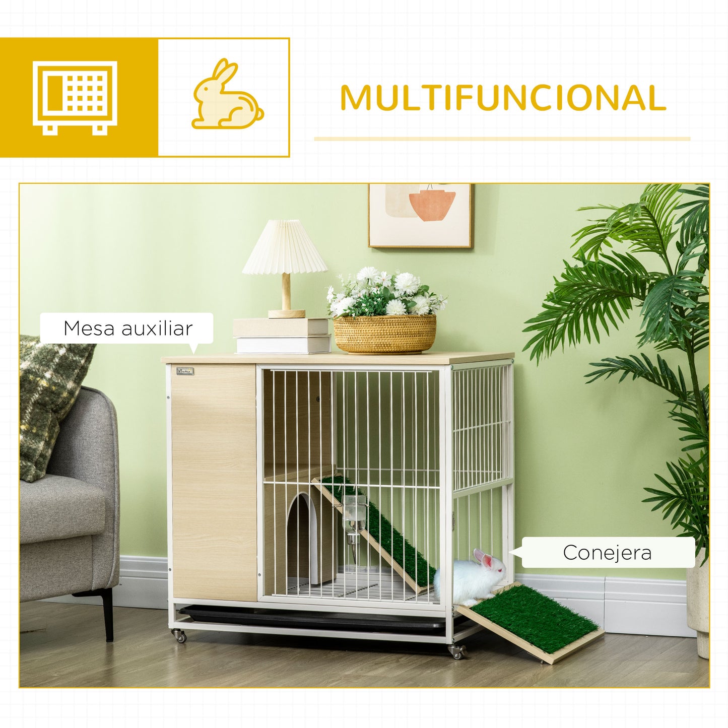 PawHut Conejera de Madera con Ruedas Mueble Conejera de Interior 78x52,5x76,5 cm Superficie Mesa Auxiliar con Techo Abrible Corral Bandeja Extraíble Bebedero y Rampa Roble