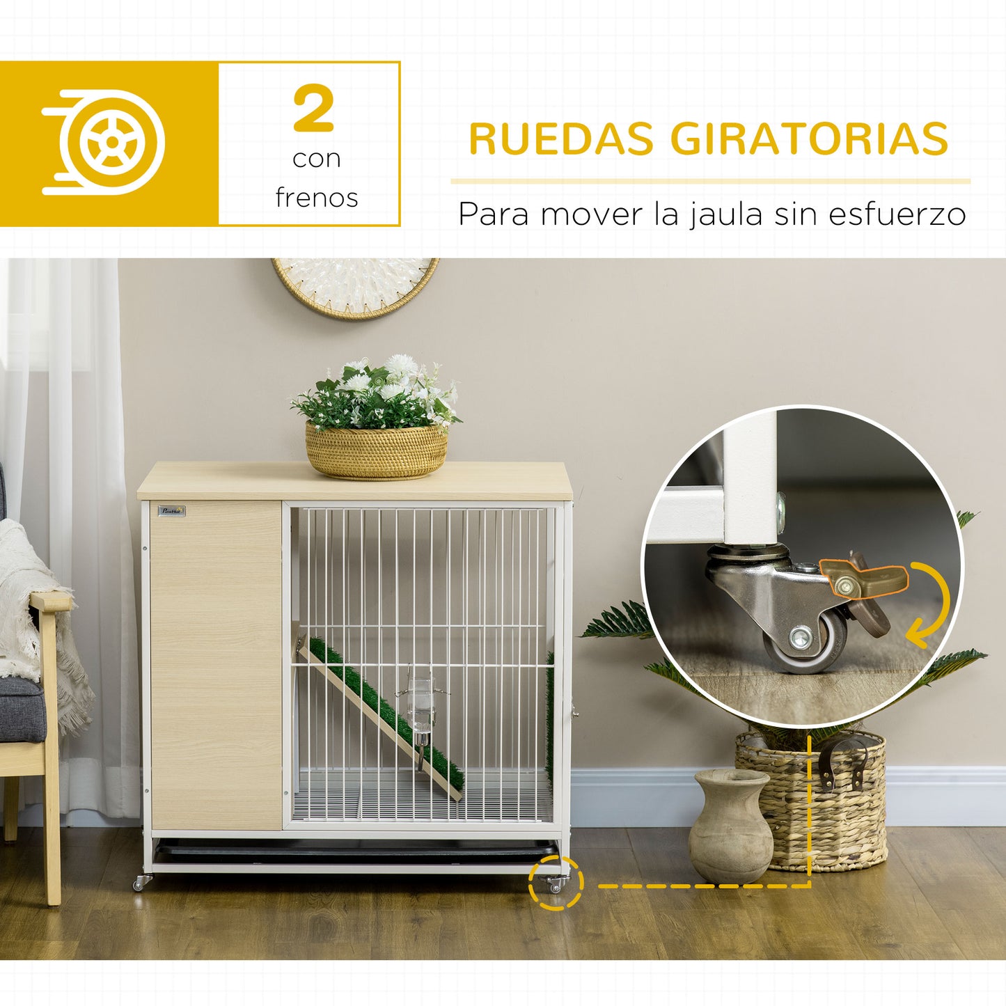 PawHut Conejera de Madera con Ruedas Mueble Conejera de Interior 78x52,5x76,5 cm Superficie Mesa Auxiliar con Techo Abrible Corral Bandeja Extraíble Bebedero y Rampa Roble