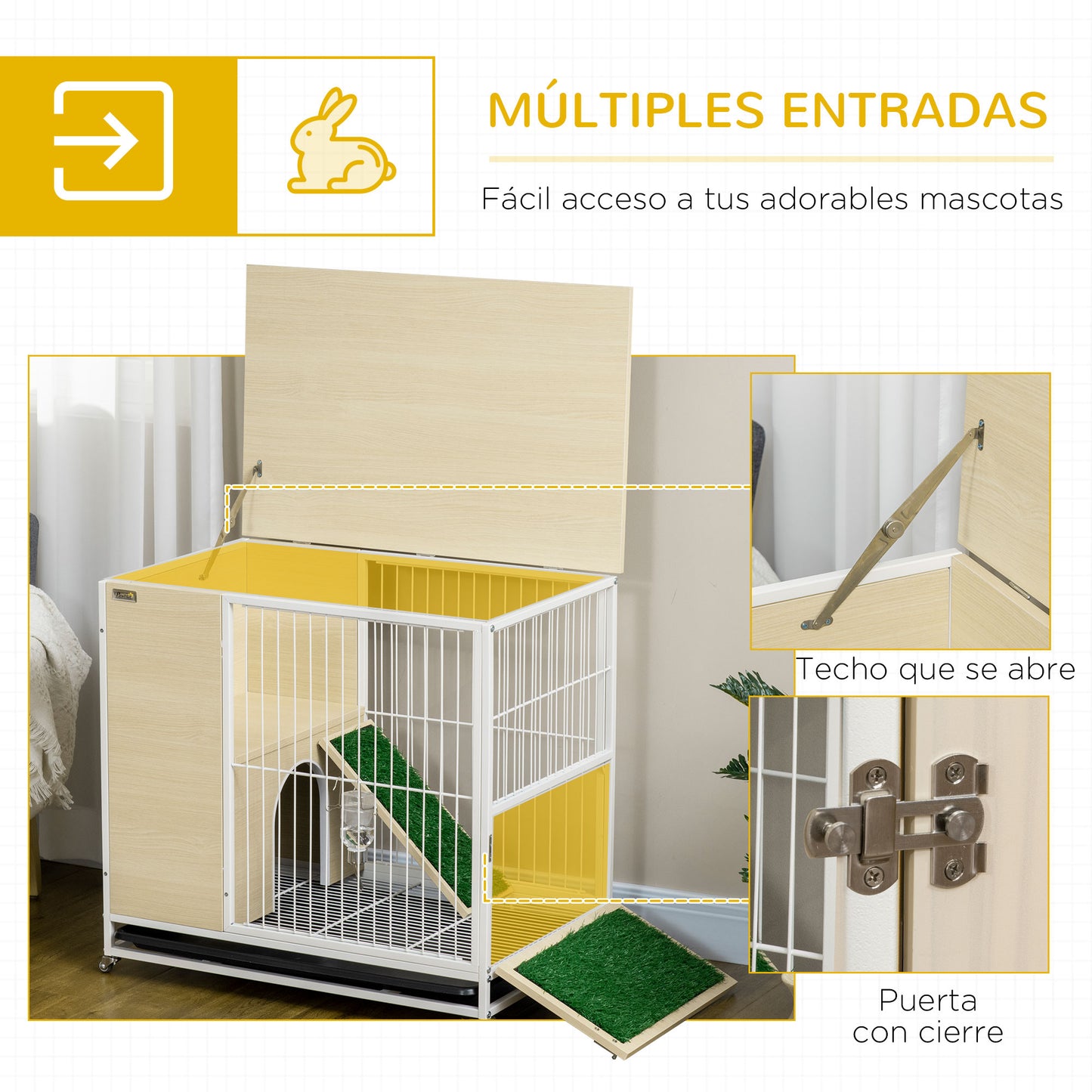 PawHut Conejera de Madera con Ruedas Mueble Conejera de Interior 78x52,5x76,5 cm Superficie Mesa Auxiliar con Techo Abrible Corral Bandeja Extraíble Bebedero y Rampa Roble