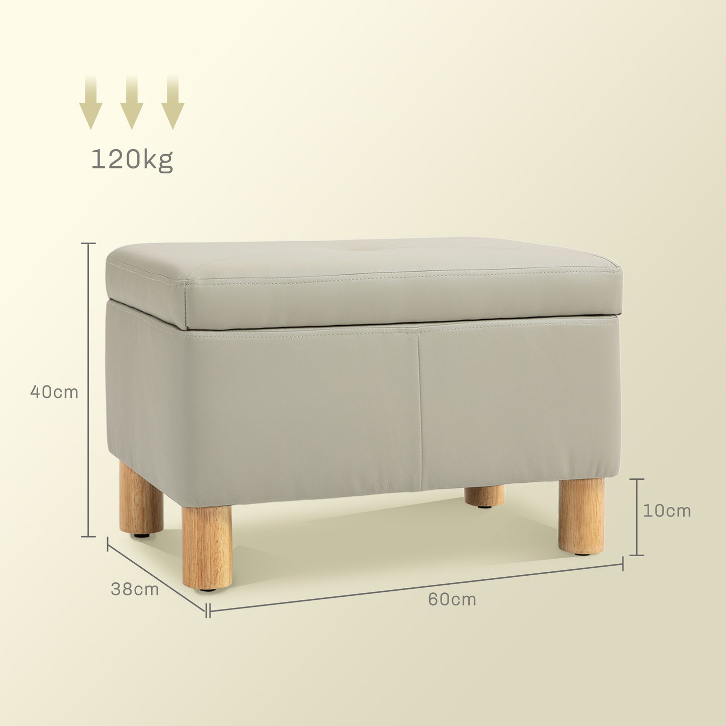 HOMCOM Baúl de Almacenaje para Dormitorio 33L Puff Almacenaje Tapizado en PU Banco de Almacenaje con Patas de Madera para Pasillo Salón 60x38x40 cm Gris Claro