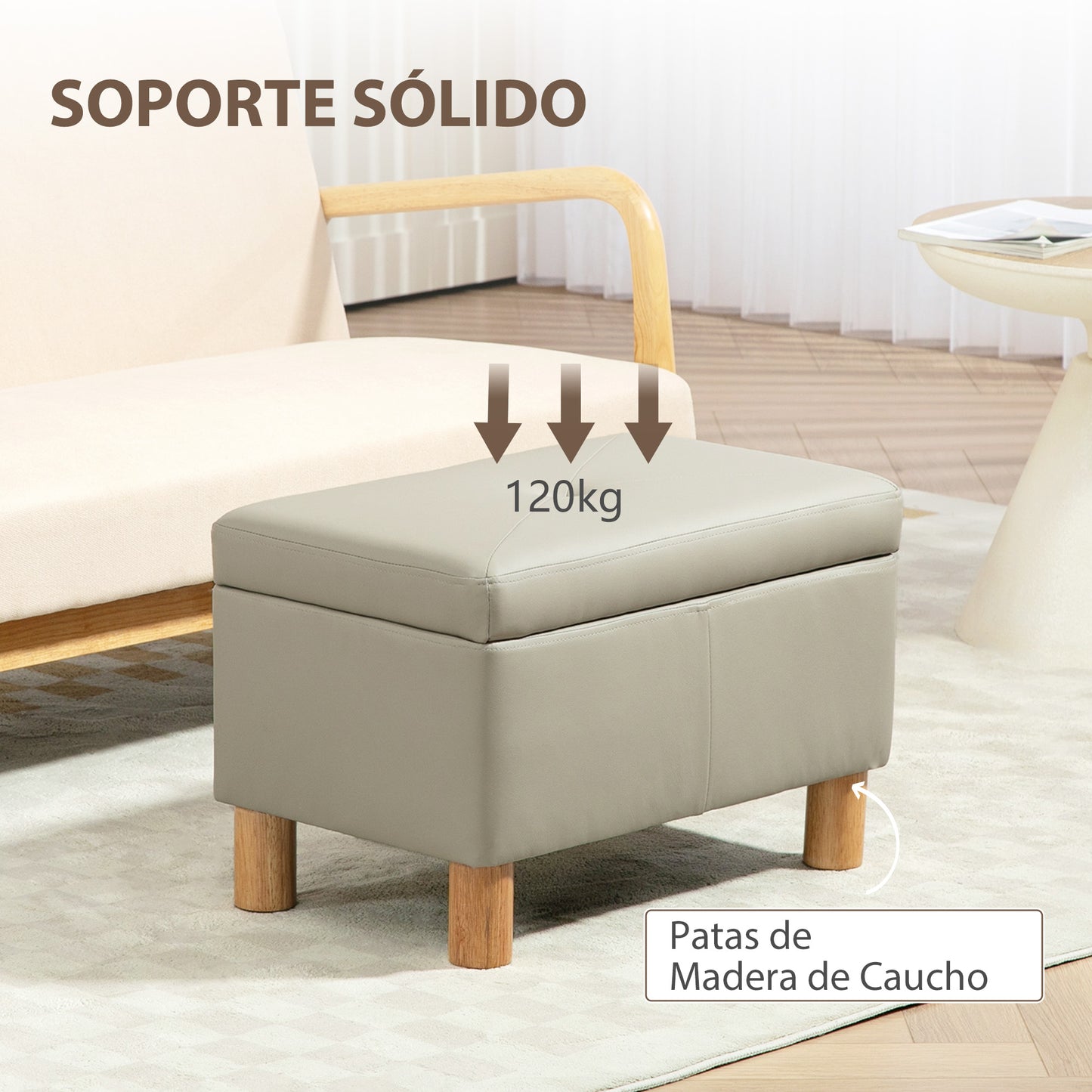 HOMCOM Baúl de Almacenaje para Dormitorio 33L Puff Almacenaje Tapizado en PU Banco de Almacenaje con Patas de Madera para Pasillo Salón 60x38x40 cm Gris Claro