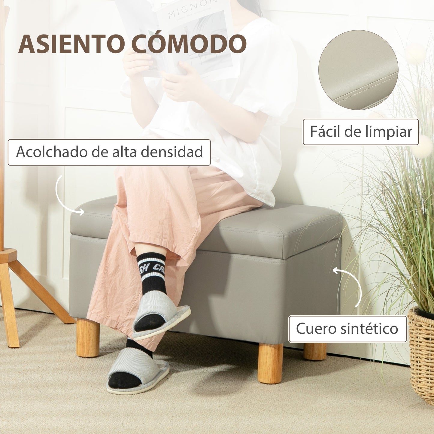 HOMCOM Baúl de Almacenaje para Dormitorio 33L Puff Almacenaje Tapizado en PU Banco de Almacenaje con Patas de Madera para Pasillo Salón 60x38x40 cm Gris Claro