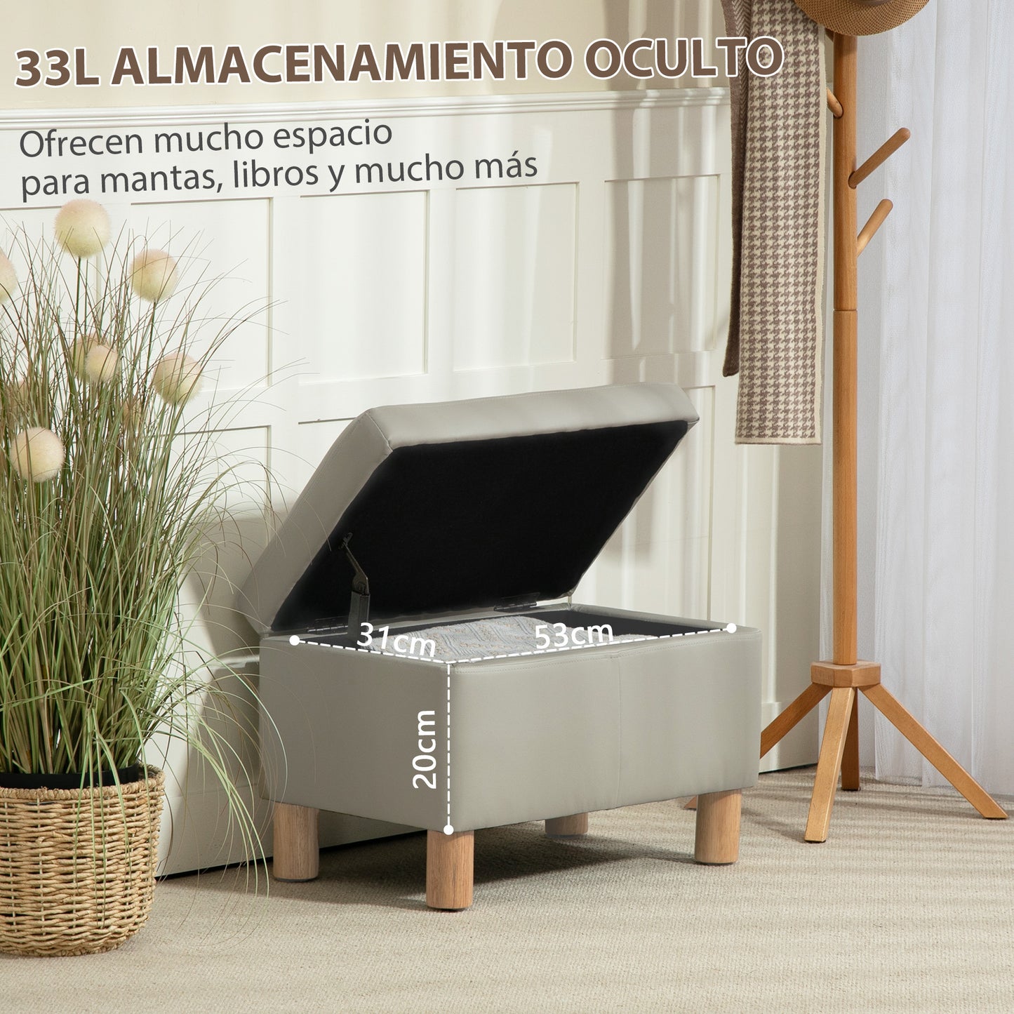 HOMCOM Baúl de Almacenaje para Dormitorio 33L Puff Almacenaje Tapizado en PU Banco de Almacenaje con Patas de Madera para Pasillo Salón 60x38x40 cm Gris Claro