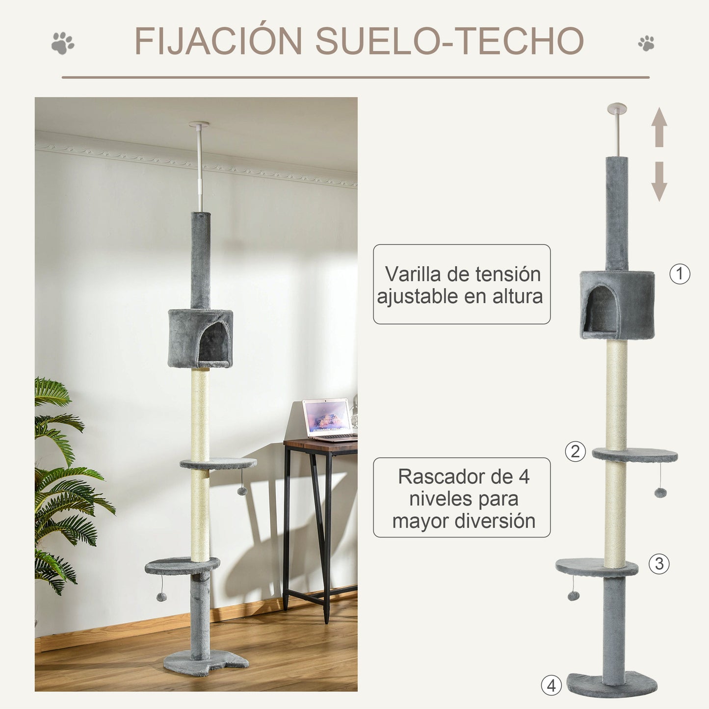 PawHut Árbol Rascador para Gatos Rascador para Fijar al Techo Altura 217 cm con Plataformas Cueva Postes de Sisal Bolas Colgantes Gris Claro