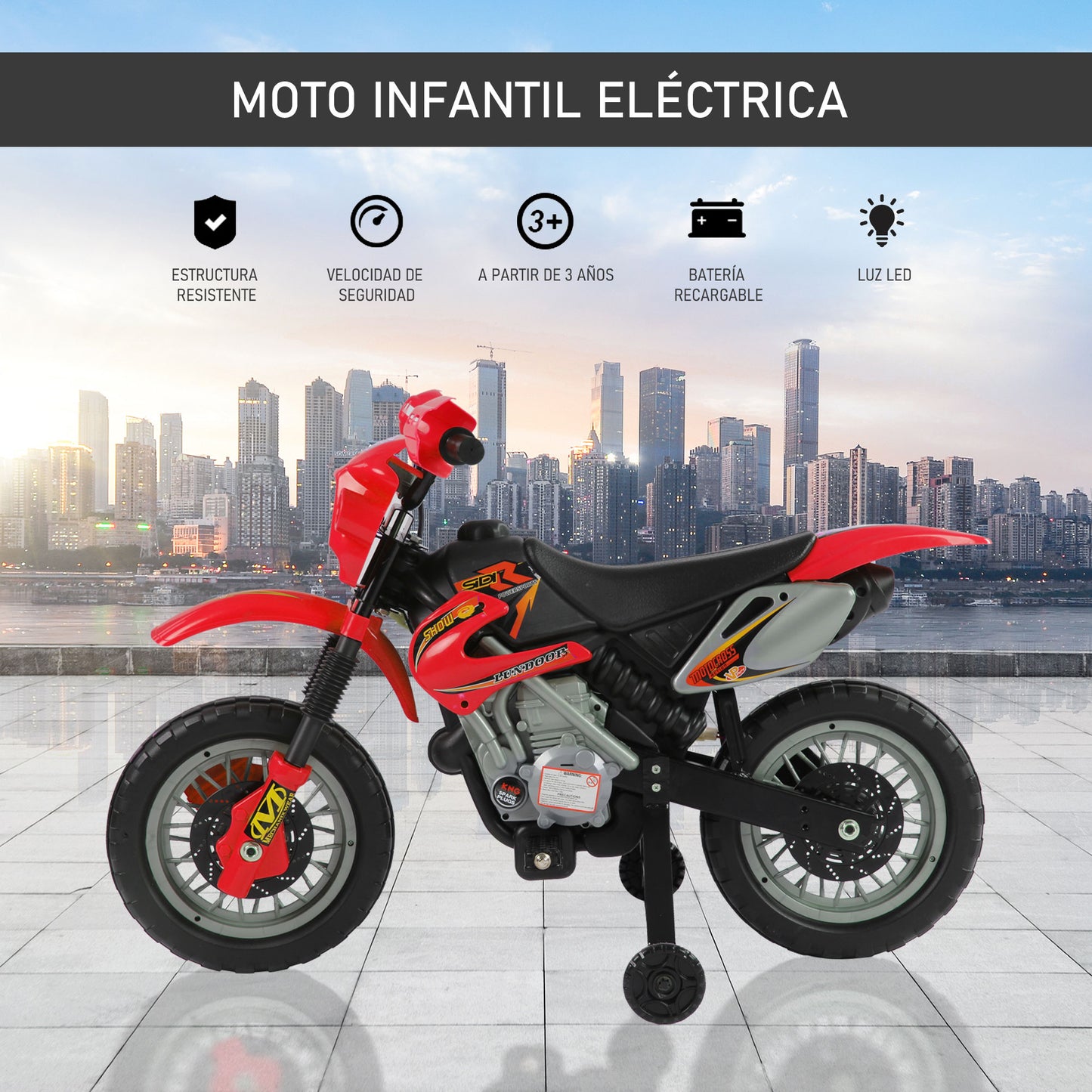 HOMCOM Moto Electrica Infantil Bateria 6V Recargable Niños 3+ Años Cargador y Ruedas Apoyo Color Rojo