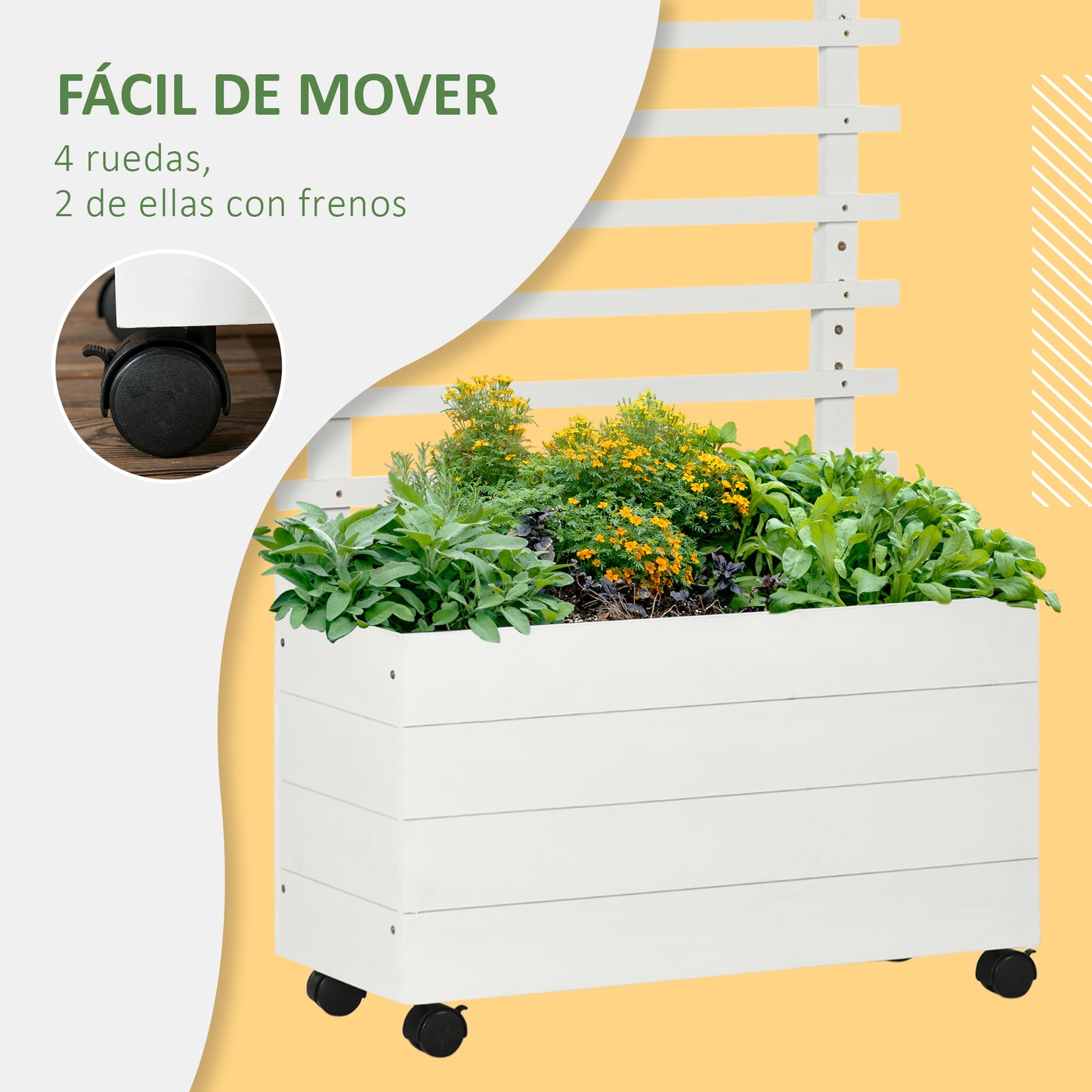 Outsunny Jardinera con Enrejado de Madera Maciza con 4 Ruedas Macetero de Jardín con Soporte para Trepadora y Tela Geotextil para Cultivos Plantas Flores en Exterior 76x30x155 cm Blanco