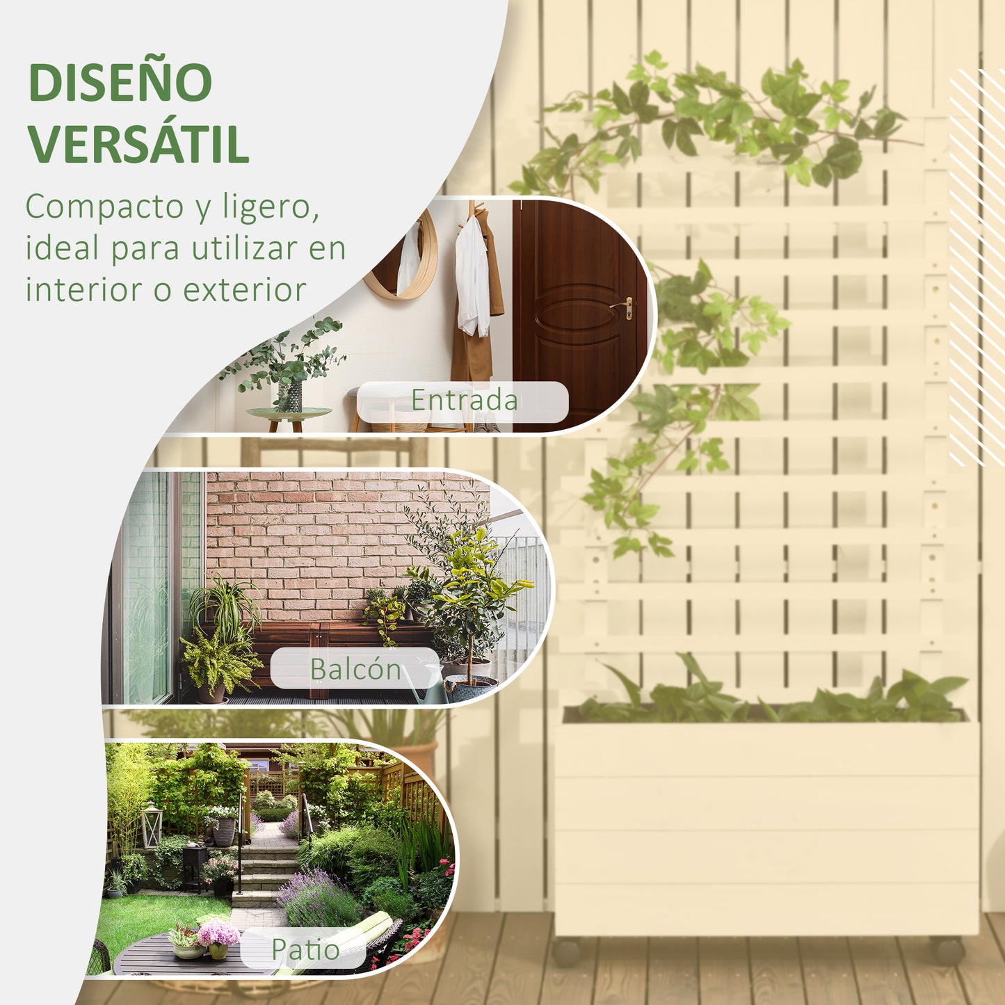 Outsunny Jardinera con Enrejado de Madera Maciza con 4 Ruedas Macetero de Jardín con Soporte para Trepadora y Tela Geotextil para Cultivos Plantas Flores en Exterior 76x30x155 cm Blanco