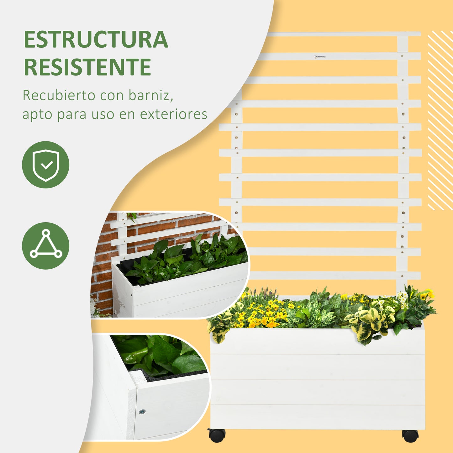 Outsunny Jardinera con Enrejado de Madera Maciza con 4 Ruedas Macetero de Jardín con Soporte para Trepadora y Tela Geotextil para Cultivos Plantas Flores en Exterior 76x30x155 cm Blanco