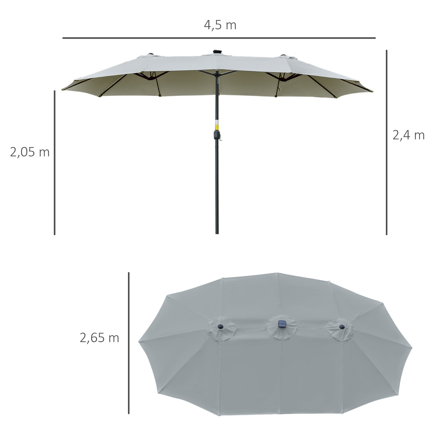 Outsunny Sombrilla Doble de Jardín con 48 Luces LED Solar 450x265x240 cm Parasol para Patio con Manivela Protección Solar para Terraza Balcón Piscina Gris Claro