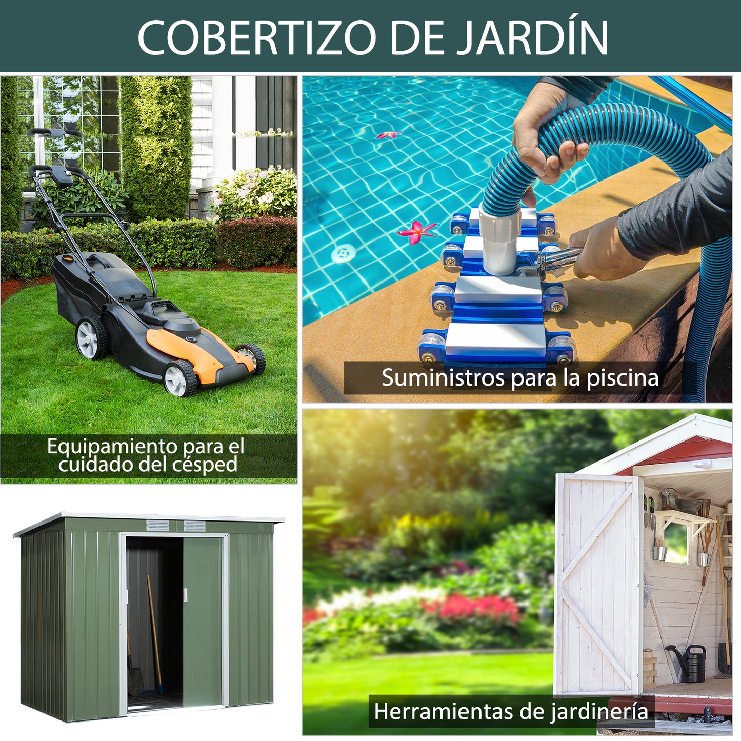 Outsunny Cobertizo de Jardín 213x130x172 cm Base de 2,42 m² Caseta de Exterior Metálica para Almacenamiento de Herramientas con 2 Puertas Correderas y 2 Ventanas Verde