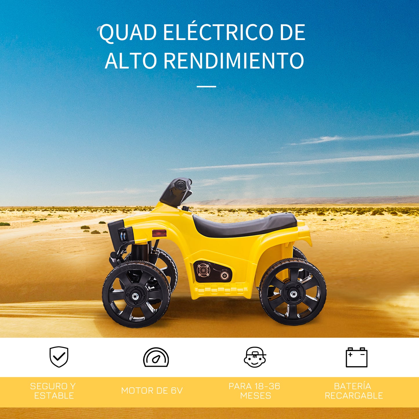 HOMCOM Quad Eléctrico para Niños 18-36 Meses Cuatrimoto Infantil a Batería 6V con Faros Bocina Velocidad 0-3 km/h Avance y Retroceso 65x40x43 cm Amarillo