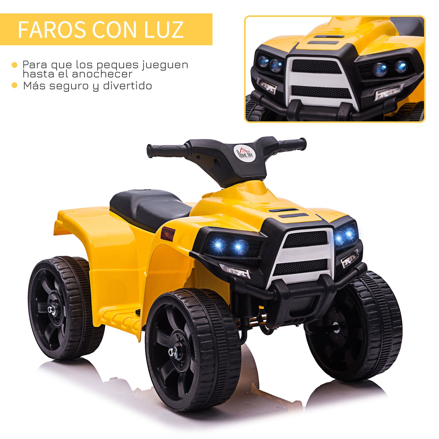 HOMCOM Quad Eléctrico para Niños 18-36 Meses Cuatrimoto Infantil a Batería 6V con Faros Bocina Velocidad 0-3 km/h Avance y Retroceso 65x40x43 cm Amarillo