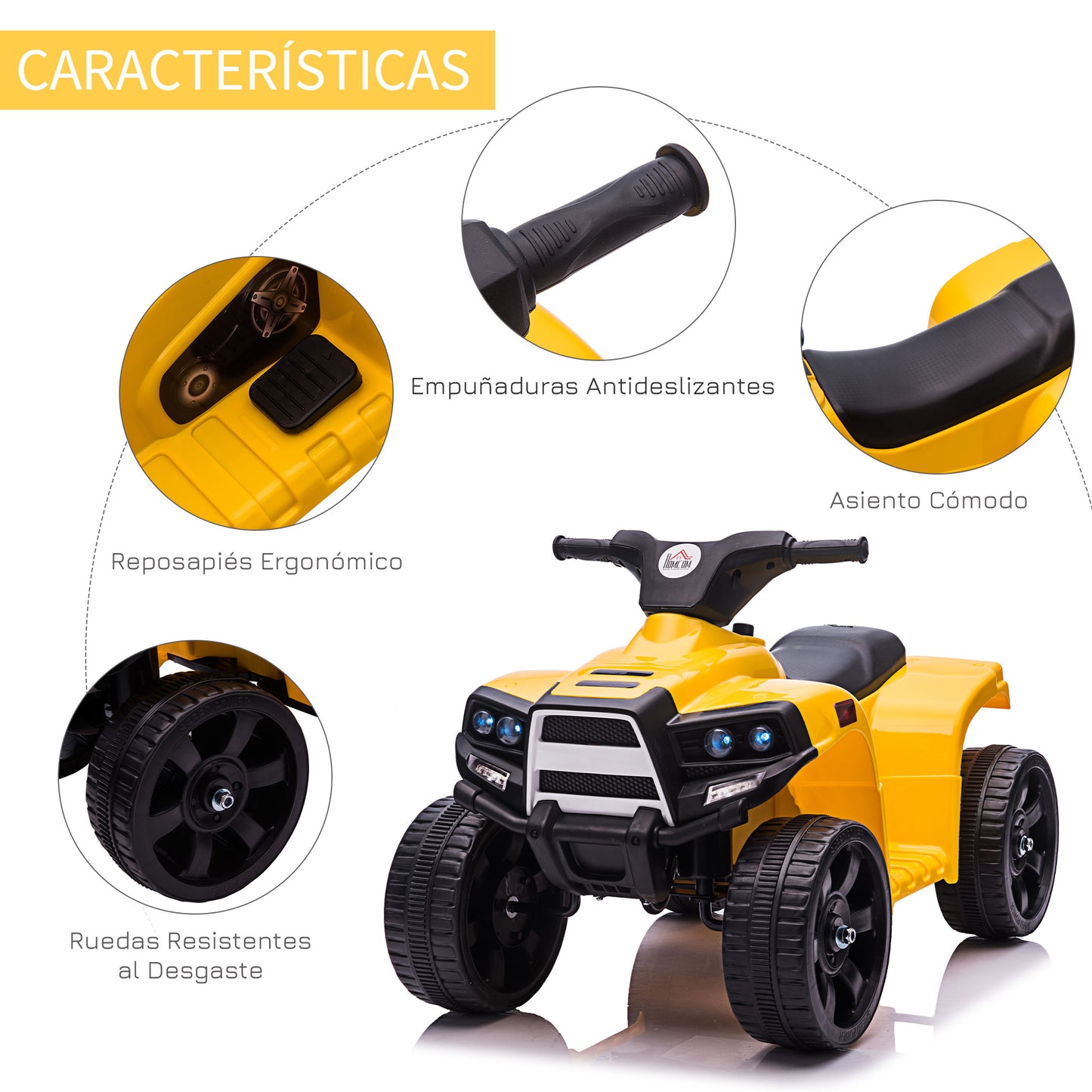 HOMCOM Quad Eléctrico para Niños 18-36 Meses Cuatrimoto Infantil a Batería 6V con Faros Bocina Velocidad 0-3 km/h Avance y Retroceso 65x40x43 cm Amarillo