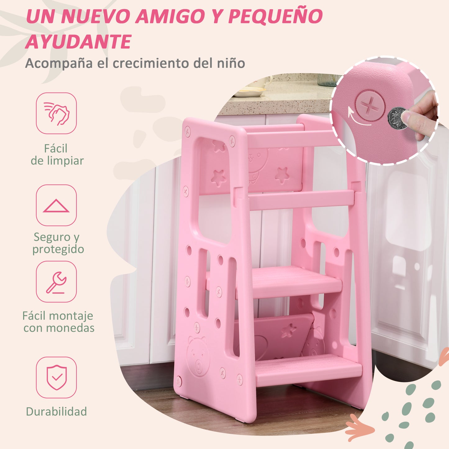 HOMCOM Torre de Aprendizaje para Niños Taburete Infantil con Altura Ajustable en 3 Posiciones y Plataforma Antideslizante para Cocina Comedor Baño 47x47x90 cm Rosa