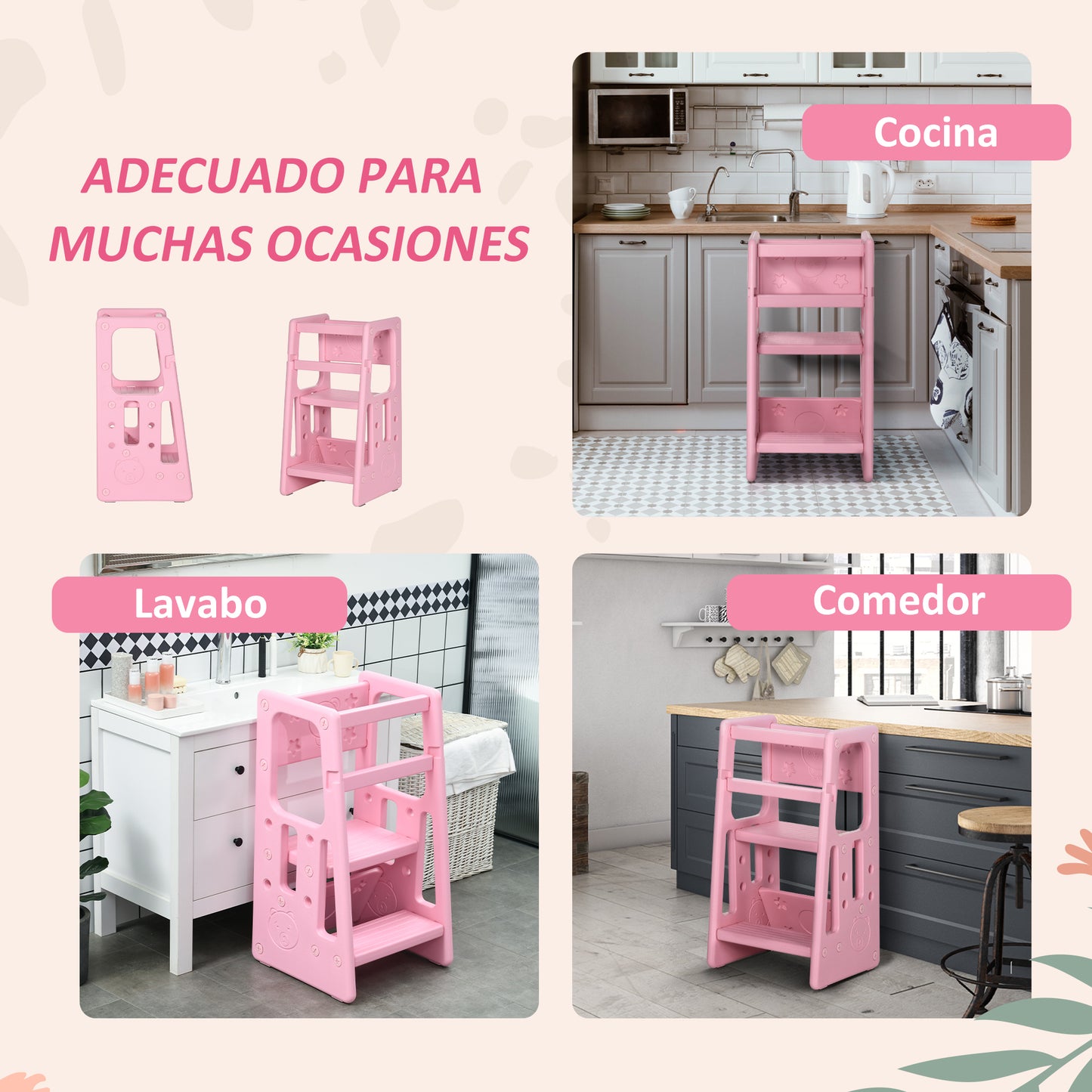 HOMCOM Torre de Aprendizaje para Niños Taburete Infantil con Altura Ajustable en 3 Posiciones y Plataforma Antideslizante para Cocina Comedor Baño 47x47x90 cm Rosa