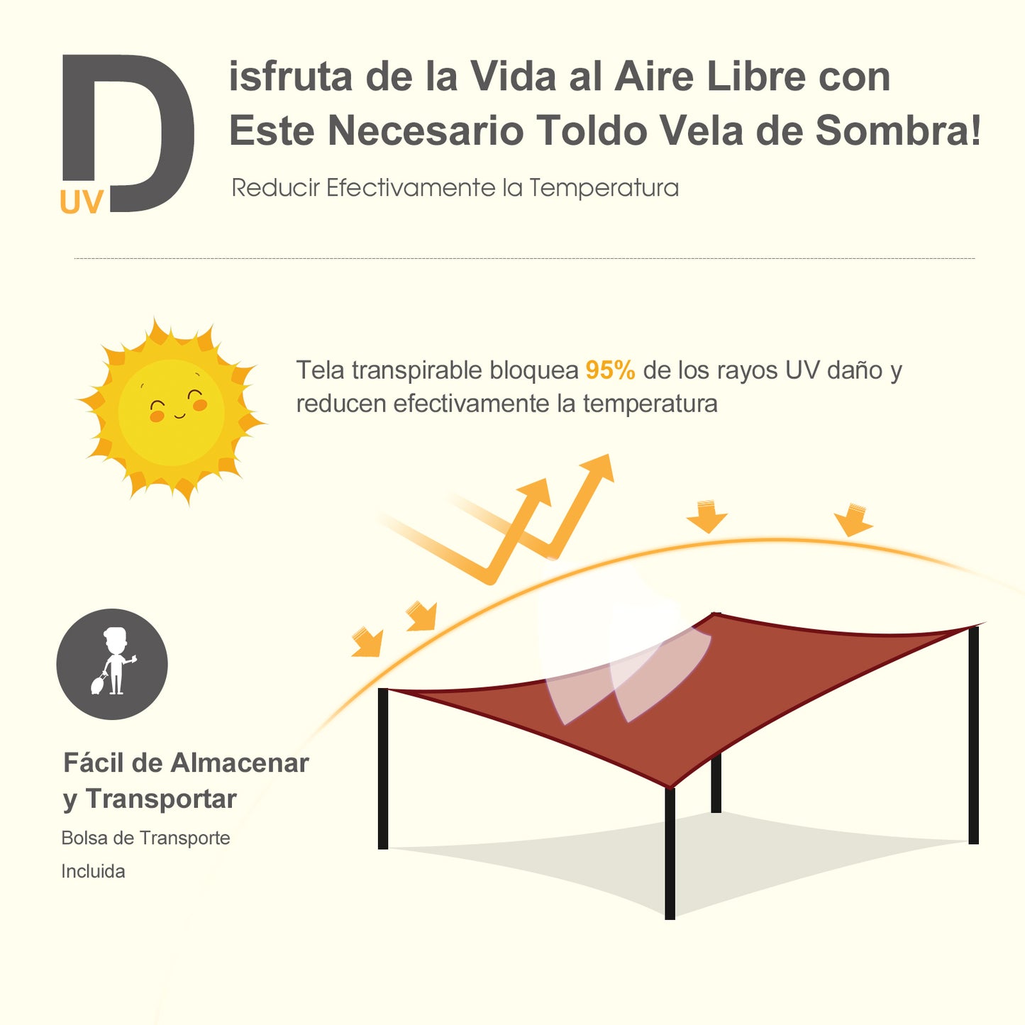 Outsunny Toldo Vela Rectángulo 3x4m Vela de Sombra para Terraza Jardín Camping Resistente al Agua Protección UV Poliéster Color Oxido Rojo