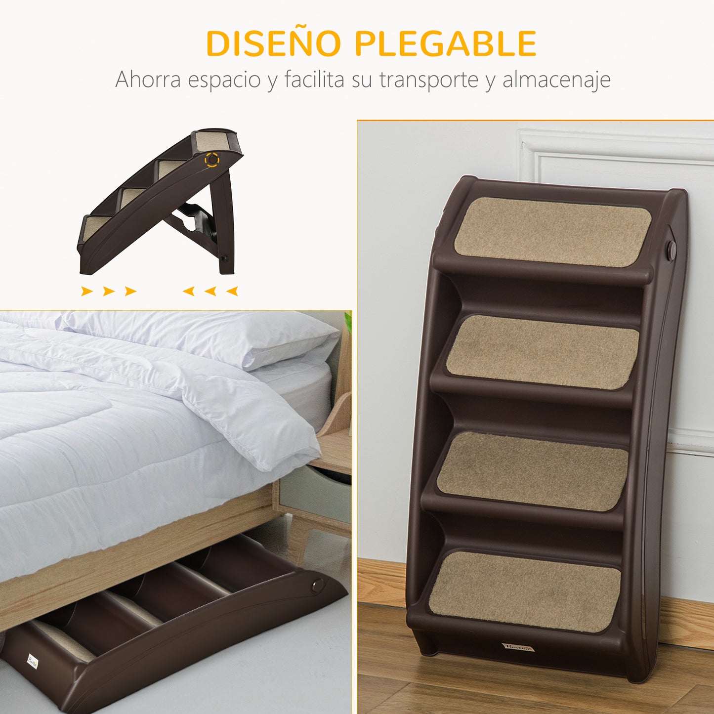 PawHut Escalera Plegable para Mascotas de 4 Peldaños Escalón para Perros Gatos Portátil con Alfombras Antideslizantes para Cama Sofá Carga 20 kg 62x38x49,5 cm Marrón Oscuro