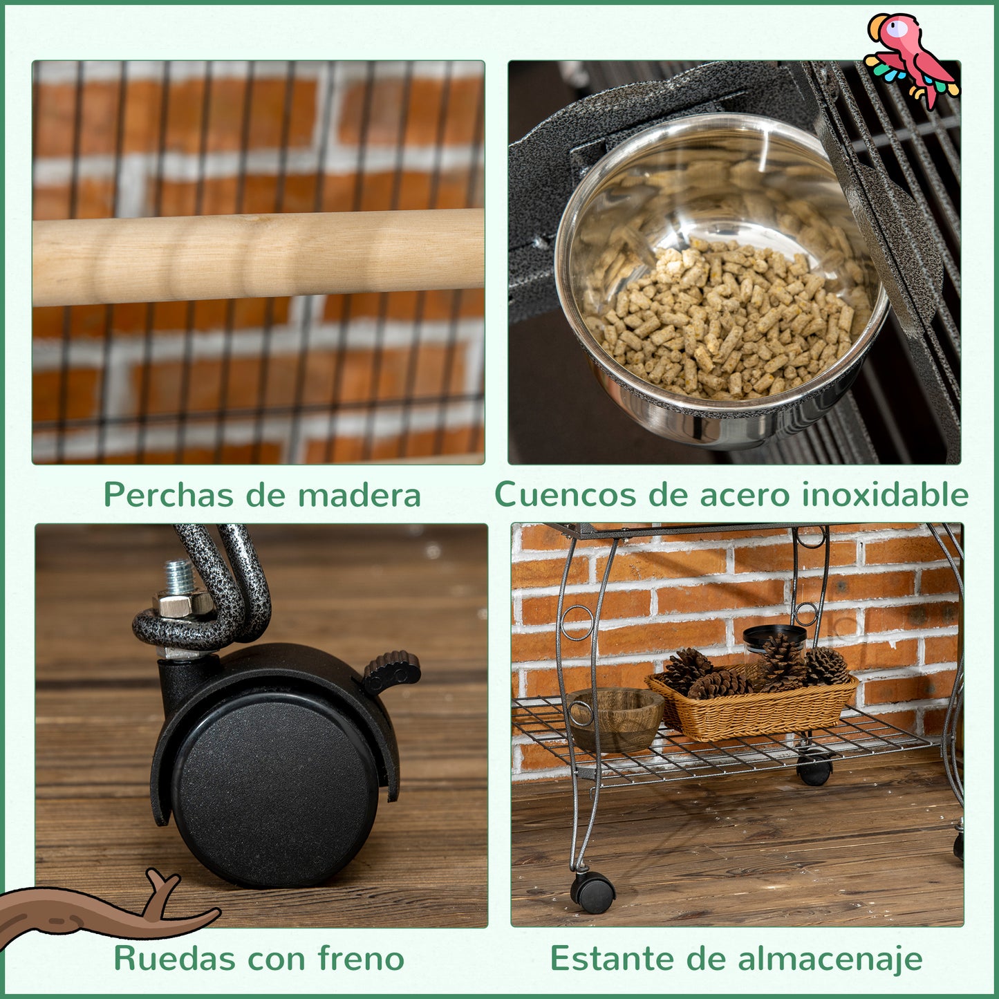 PawHut Jaula de Pájaros Pajarera Metálica para Aves 80x76,5x168 cm con 2 Puertas Techo Abatible Perchas Bandeja Extraíble 2 Comederos y 4 Ruedas Gris Oscuro