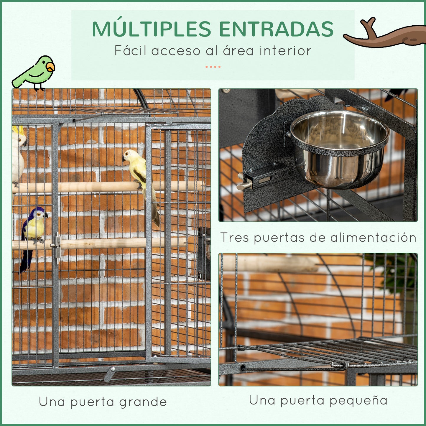 PawHut Jaula de Pájaros Pajarera Metálica para Aves 80x76,5x168 cm con 2 Puertas Techo Abatible Perchas Bandeja Extraíble 2 Comederos y 4 Ruedas Gris Oscuro