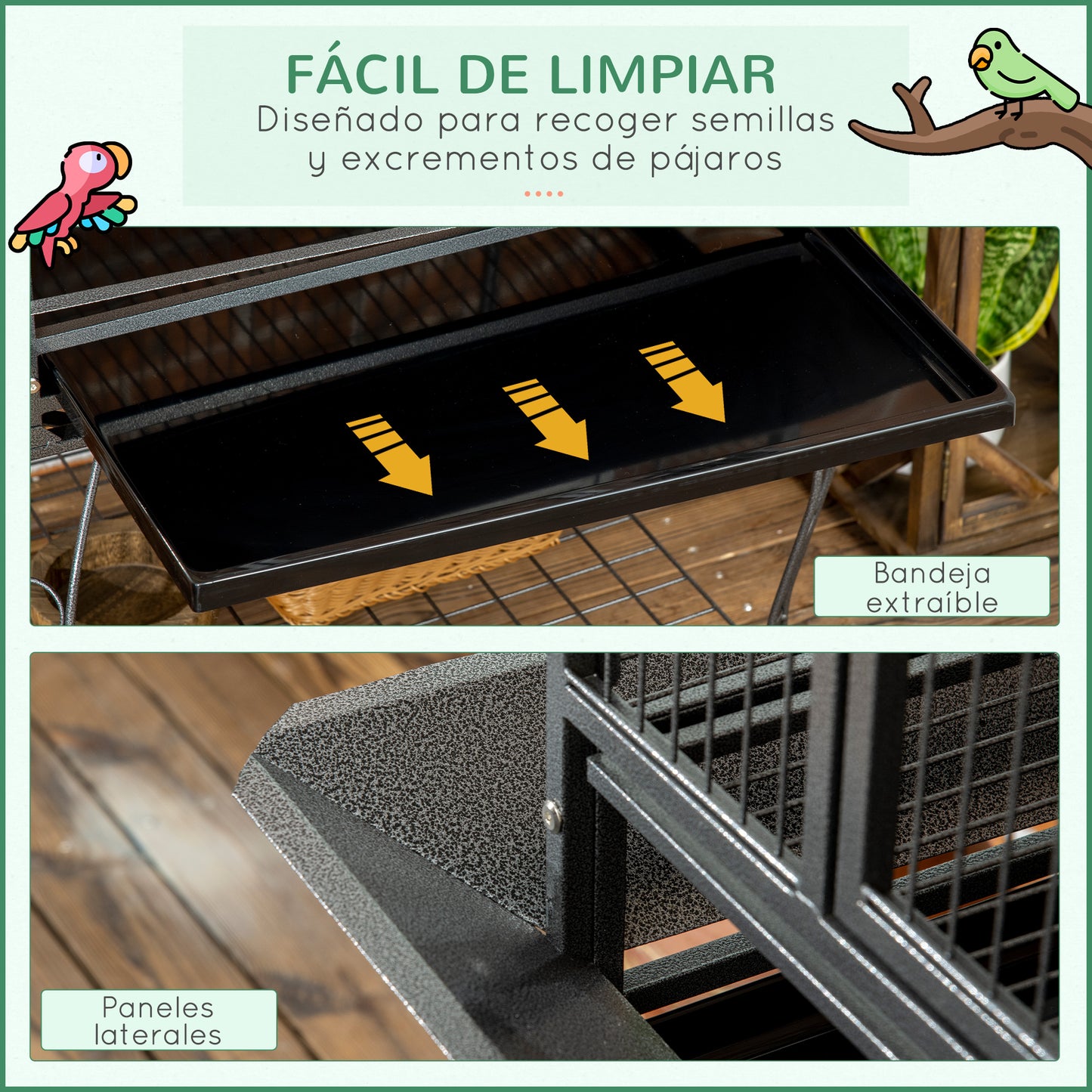 PawHut Jaula de Pájaros Pajarera Metálica para Aves 80x76,5x168 cm con 2 Puertas Techo Abatible Perchas Bandeja Extraíble 2 Comederos y 4 Ruedas Gris Oscuro