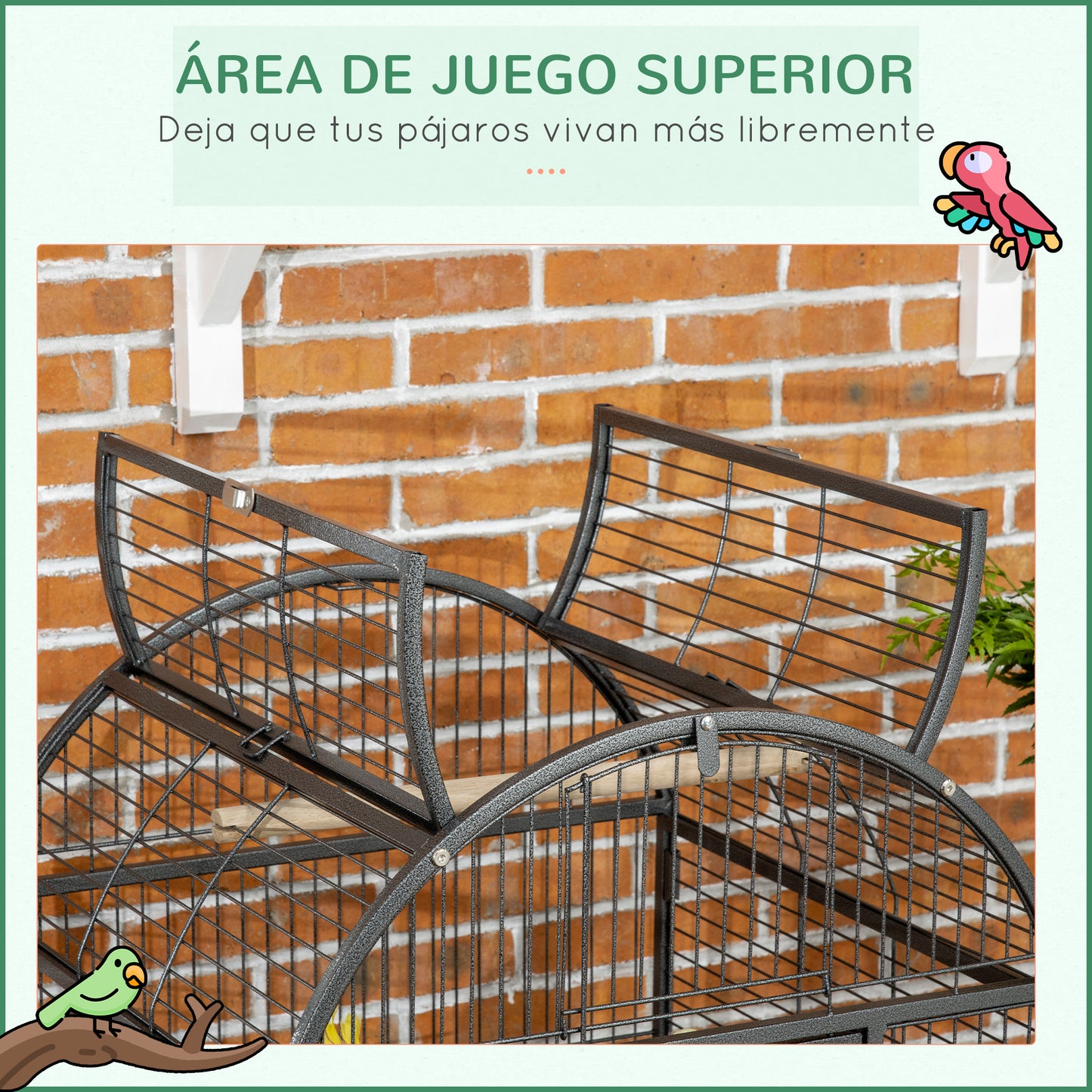 PawHut Jaula de Pájaros Pajarera Metálica para Aves 80x76,5x168 cm con 2 Puertas Techo Abatible Perchas Bandeja Extraíble 2 Comederos y 4 Ruedas Gris Oscuro