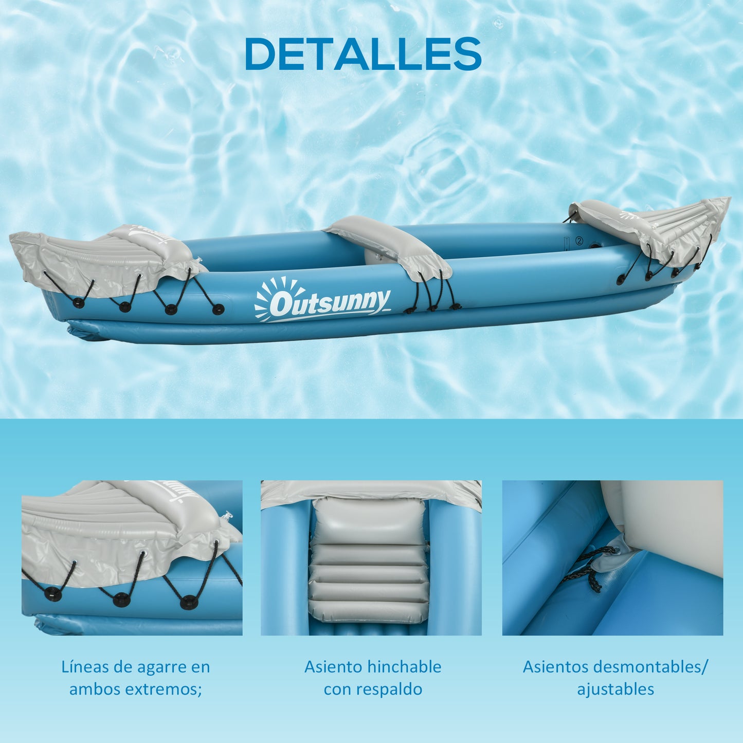 Outsunny Kayak Hinchable Plegable Canoa Hinchable de 2 Plazas con 2 Remos de Acero Inflador Manual y Kit de Reparación 318x80x50 cm Azul