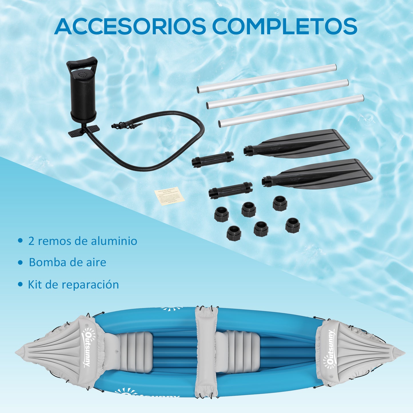 Outsunny Kayak Hinchable Plegable Canoa Hinchable de 2 Plazas con 2 Remos de Acero Inflador Manual y Kit de Reparación 318x80x50 cm Azul