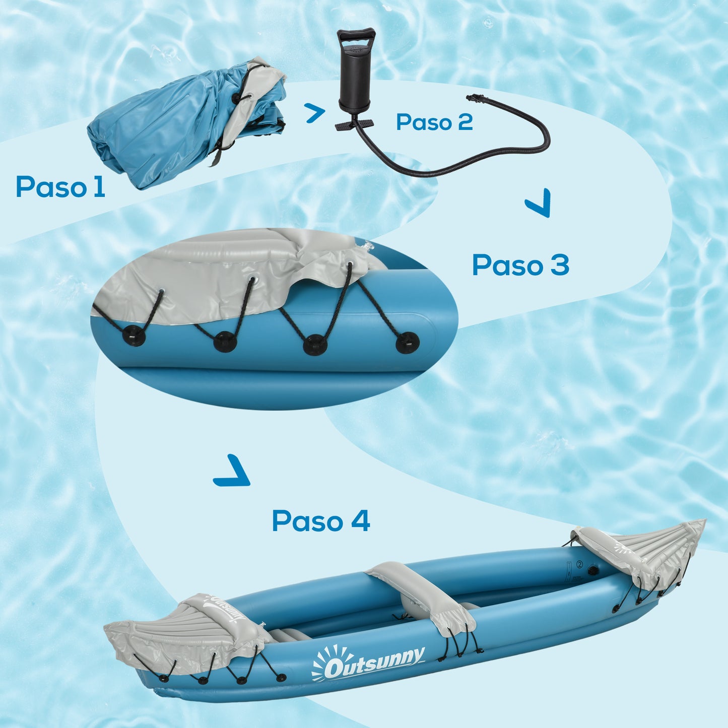 Outsunny Kayak Hinchable Plegable Canoa Hinchable de 2 Plazas con 2 Remos de Acero Inflador Manual y Kit de Reparación 318x80x50 cm Azul