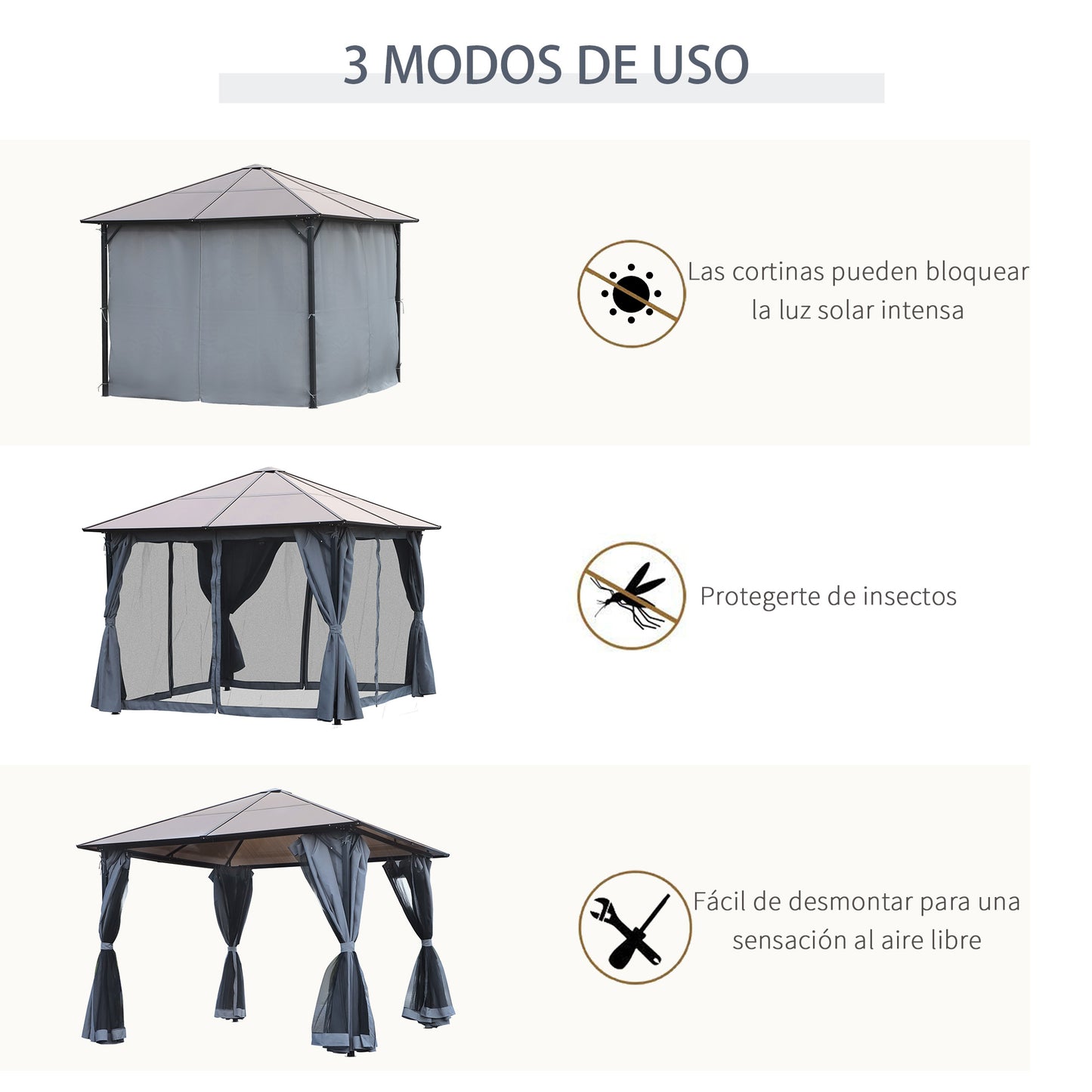 Outsunny Cenador de Jardín 3x3 m con Marco de Aluminio Pabellón de Exterior con Techo de Policarbonato 4 Cortinas Laterales y 4 Mosquiteras con Cremalleras Gazebo para Fiestas Eventos Multicolor