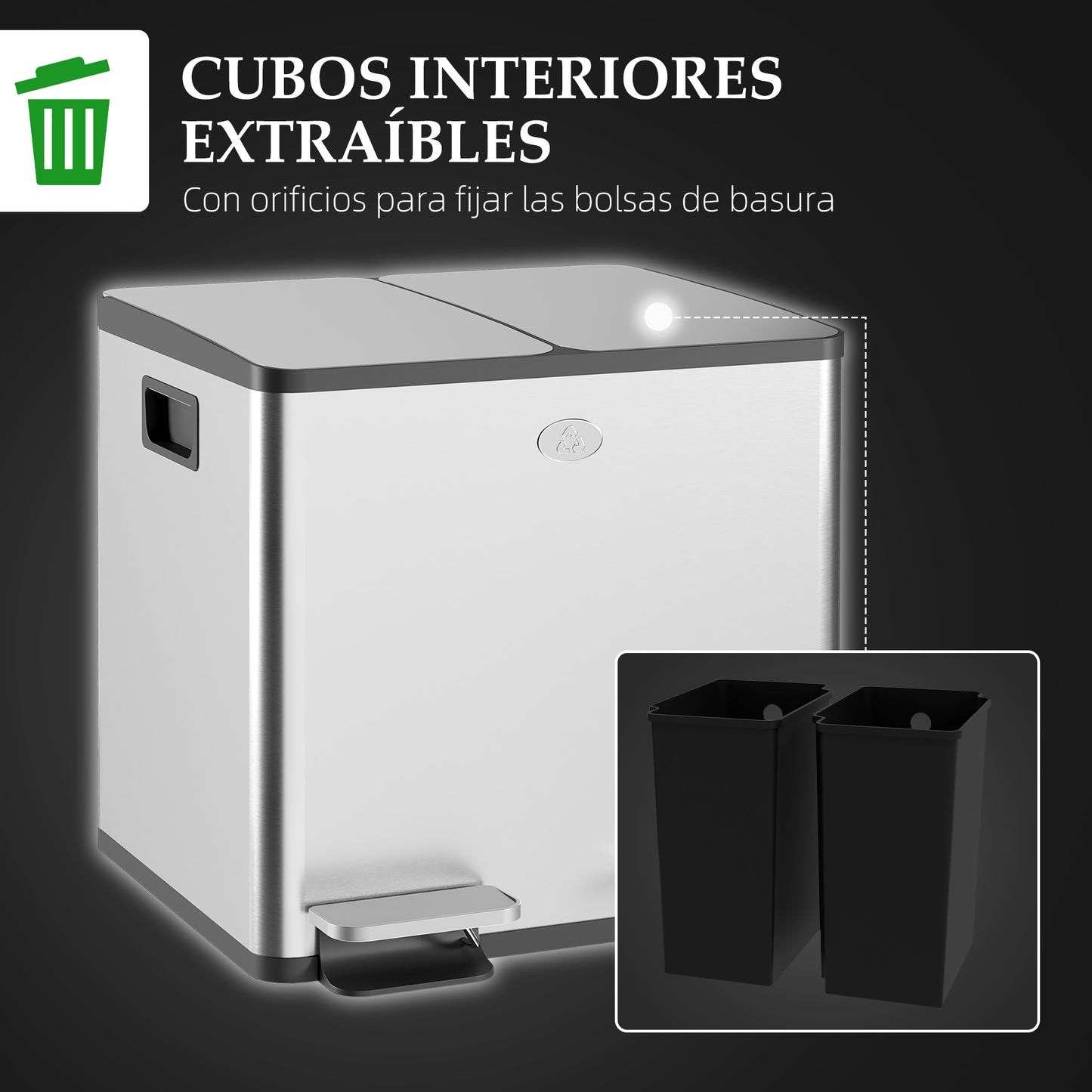 HOMCOM Cubo de Basura de Cocina con 2 Compartimentos 2x15L Papelera Cocina de Acero Inoxidable con Pedal Tapas de Cierre Suave y Cubo Extraíble para Reciclaje Residuos Restos de Comida Plata