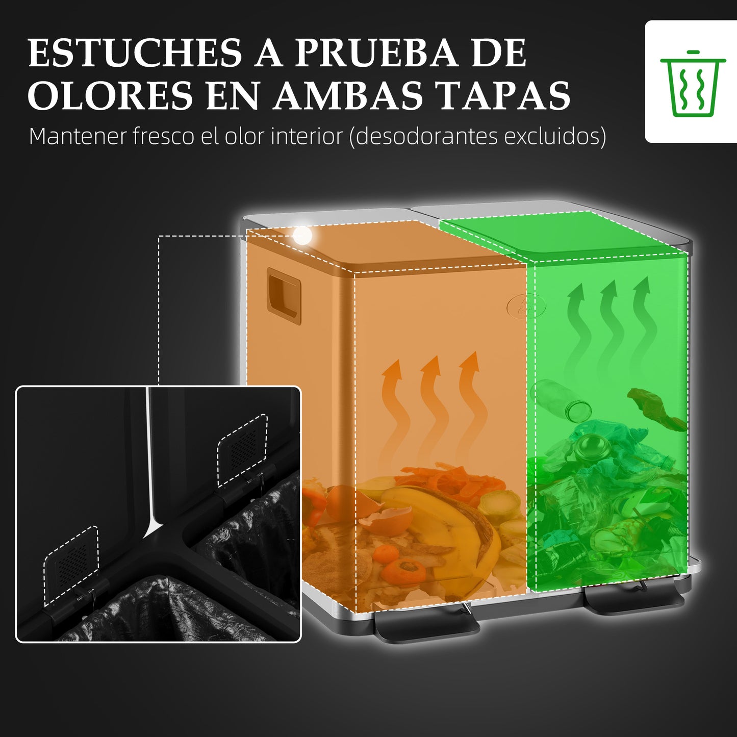 HOMCOM Cubo de Basura de Cocina con 2 Compartimentos 2x15L Papelera Cocina de Acero Inoxidable con Pedal Tapas de Cierre Suave y Cubo Extraíble para Reciclaje Residuos Restos de Comida Plata