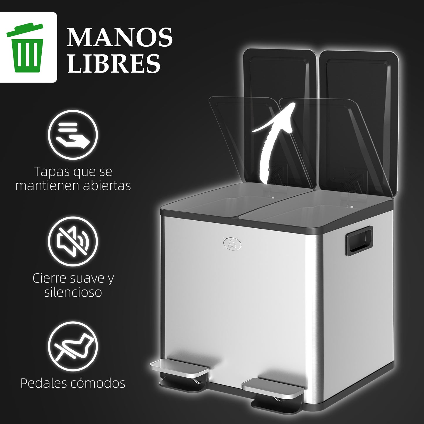 HOMCOM Cubo de Basura de Cocina con 2 Compartimentos 2x15L Papelera Cocina de Acero Inoxidable con Pedal Tapas de Cierre Suave y Cubo Extraíble para Reciclaje Residuos Restos de Comida Plata