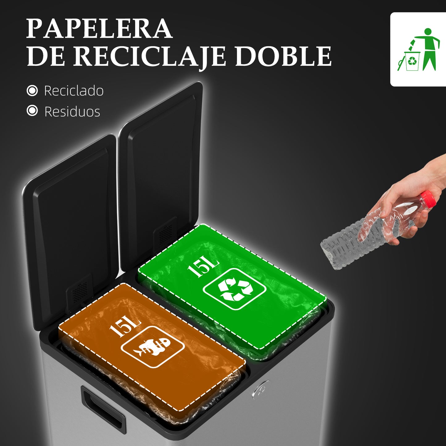 HOMCOM Cubo de Basura de Cocina con 2 Compartimentos 2x15L Papelera Cocina de Acero Inoxidable con Pedal Tapas de Cierre Suave y Cubo Extraíble para Reciclaje Residuos Restos de Comida Plata