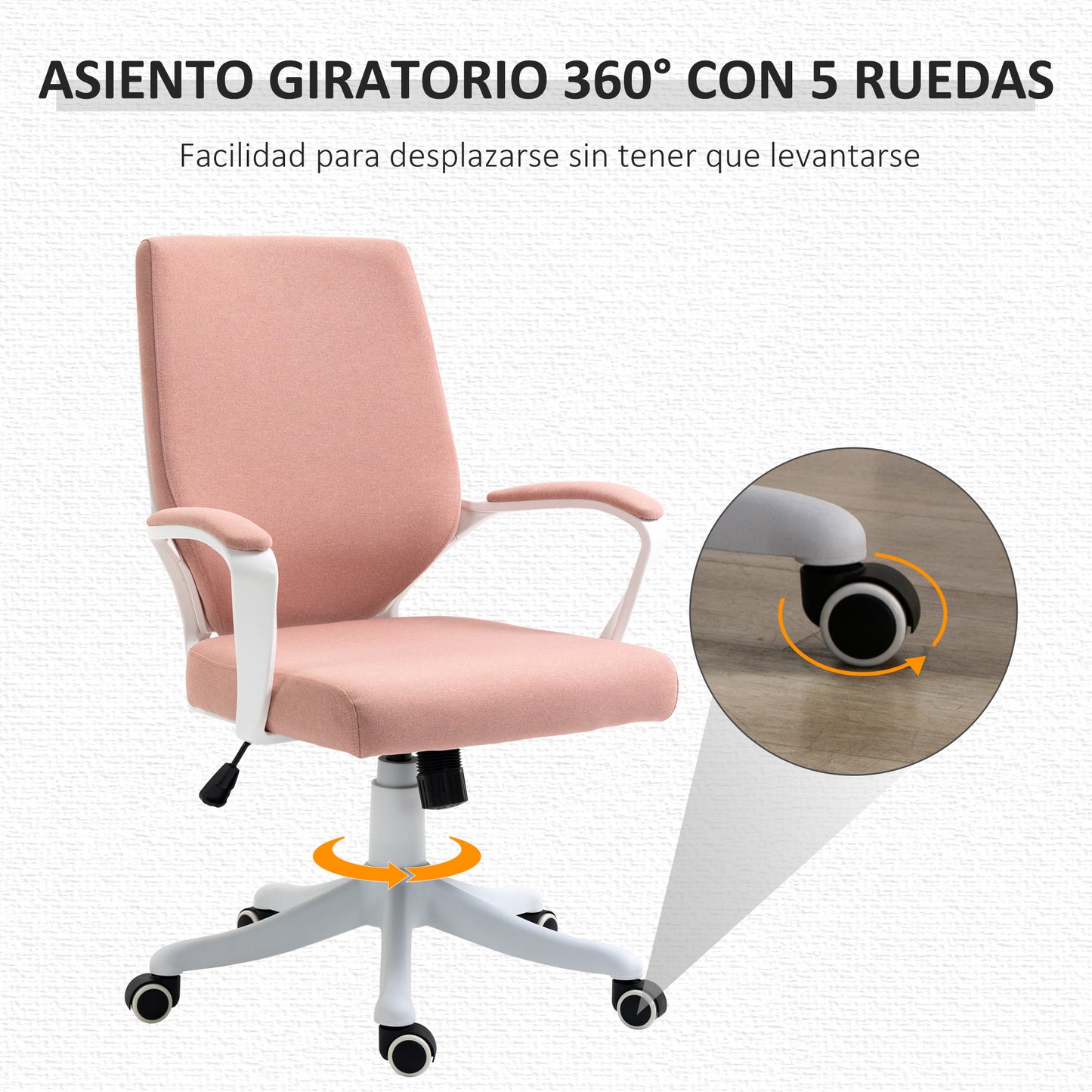 Vinsetto Silla de Oficina Giratoria Silla de Escritorio Basculante con Reposabrazos y Altura Ajustable para Dormitorio Salón Carga 120 kg 62x69x92-100 cm Rosa