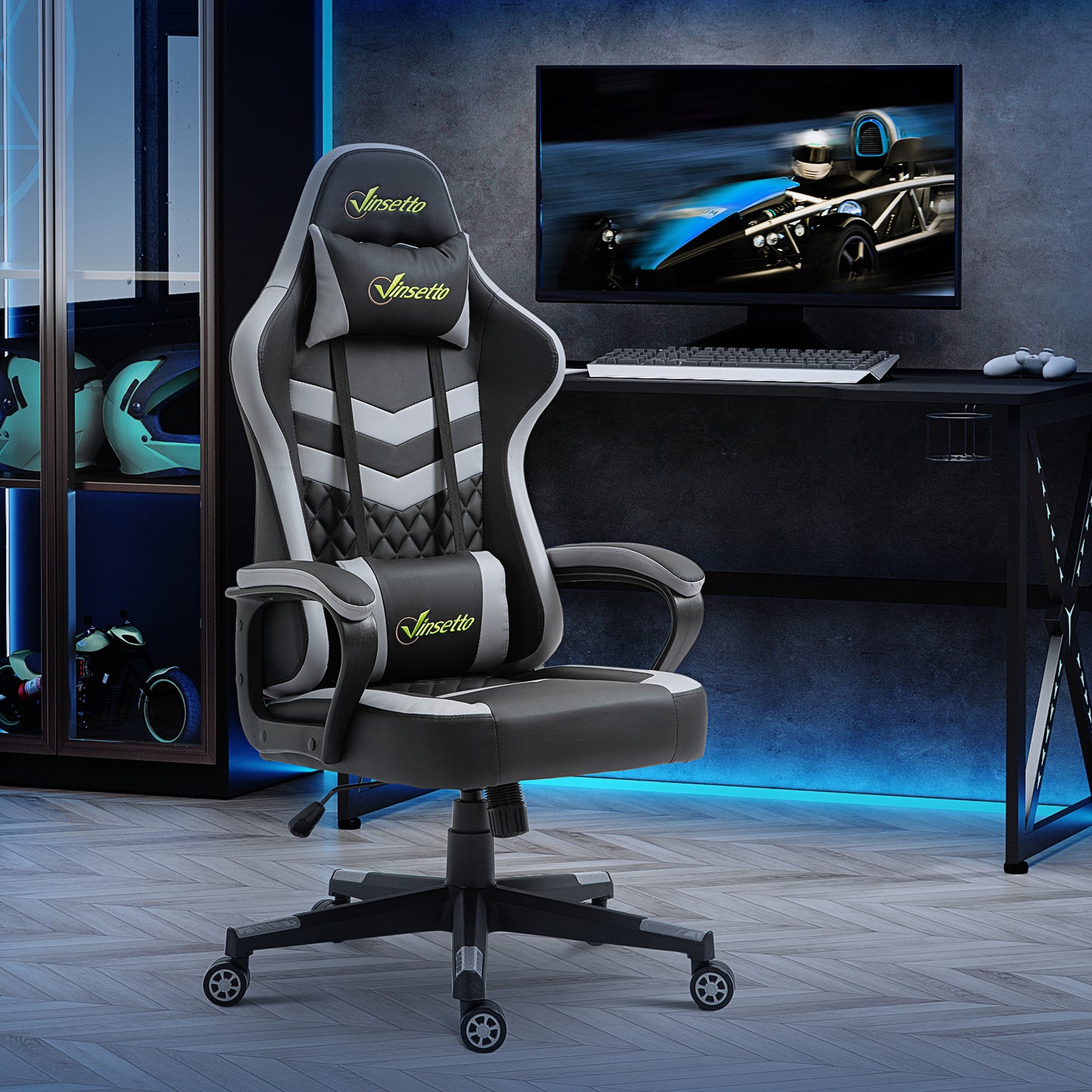 Vinsetto Silla Gaming Silla Gamer Basculante con Altura Ajustable Giratoria Reposacabezas y Lumbar Desmontable Silla de Oficina Estudio Negro