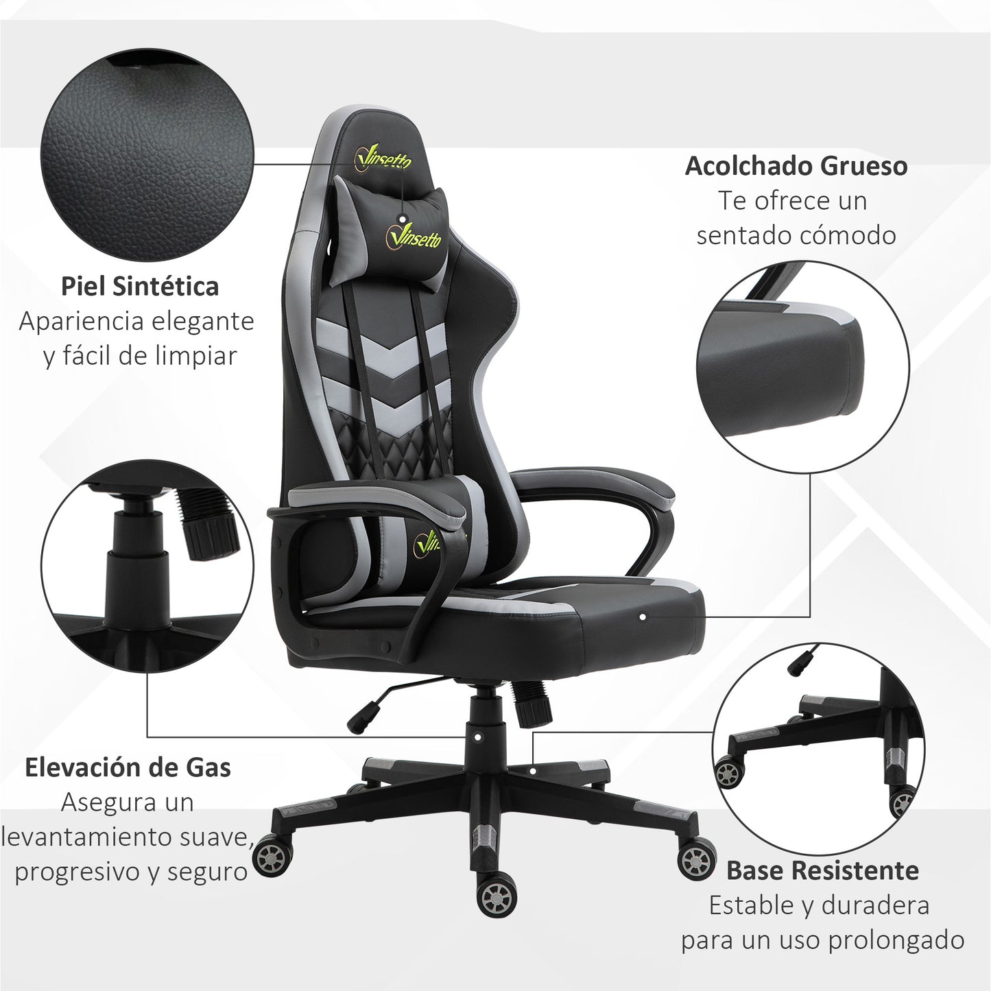 Vinsetto Silla Gaming Silla Gamer Basculante con Altura Ajustable Giratoria Reposacabezas y Lumbar Desmontable Silla de Oficina Estudio Negro