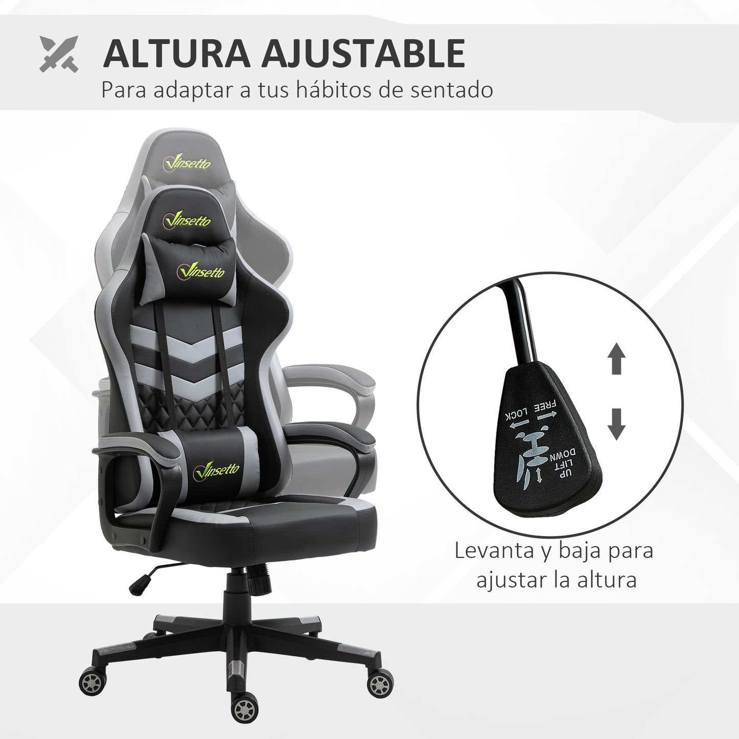 Vinsetto Silla Gaming Silla Gamer Basculante con Altura Ajustable Giratoria Reposacabezas y Lumbar Desmontable Silla de Oficina Estudio Negro