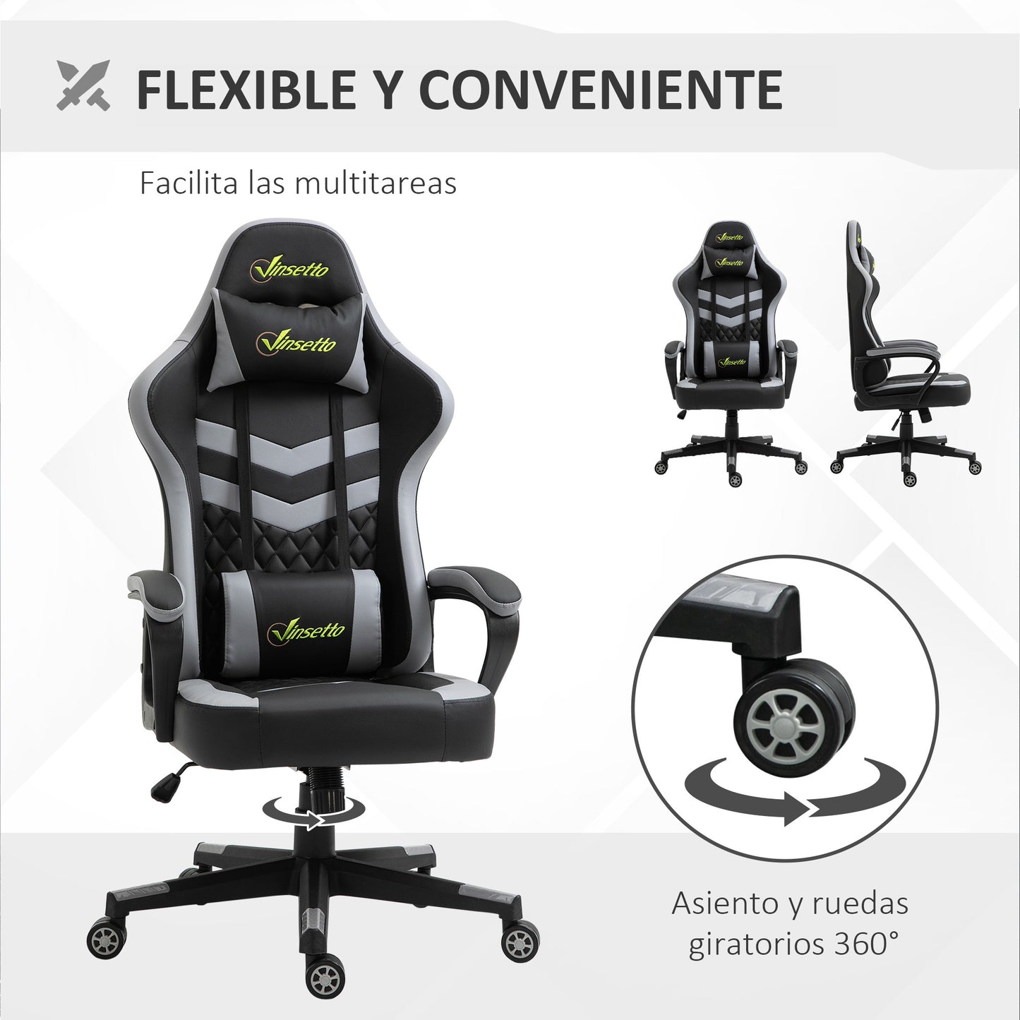 Vinsetto Silla Gaming Silla Gamer Basculante con Altura Ajustable Giratoria Reposacabezas y Lumbar Desmontable Silla de Oficina Estudio Negro