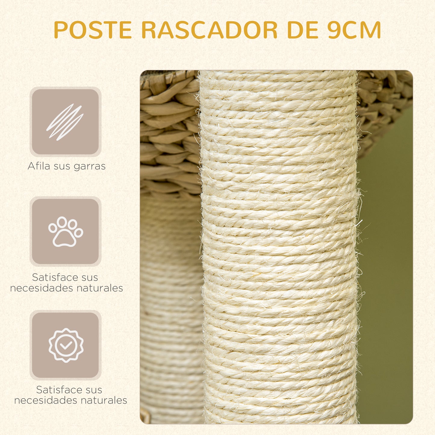 PawHut Árbol Rascador para Gatos Altura 75 cm Torre para Gatos con 3 Camas de Totora Cojines y Postes de Sisal 56x56x75 cm Natural