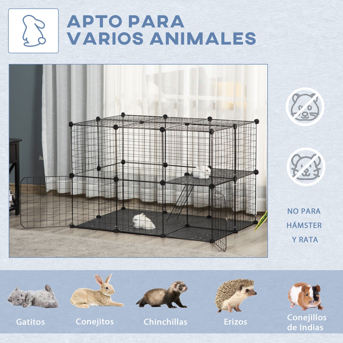 PawHut Jaula para Animales Pequeños de 3 Niveles Parque para Mascotas con 39 Paneles 35x35 cm Rampas y Forma Personalizable para Cobayas Conejos Chinchillas 70x70x105 cm Negro