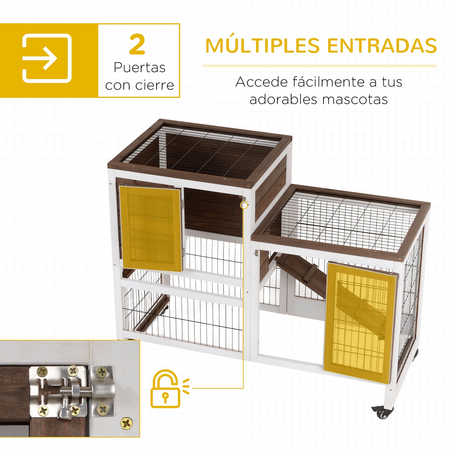 PawHut Conejera de Madera para Interior con Ruedas Jaula para Conejos Mascotas Pequeñas de 2 Pisos con Zona Abierta Rampa y 2 Bandejas Extraíbles 110x50x88 cm Marrón