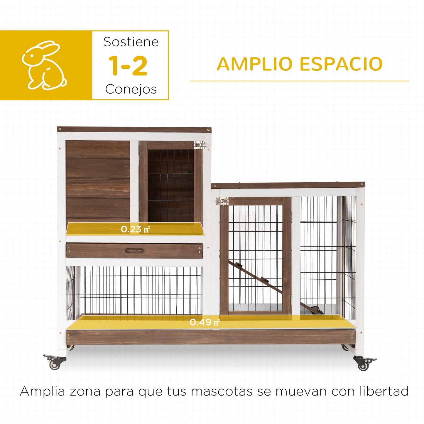 PawHut Conejera de Madera para Interior con Ruedas Jaula para Conejos Mascotas Pequeñas de 2 Pisos con Zona Abierta Rampa y 2 Bandejas Extraíbles 110x50x88 cm Marrón