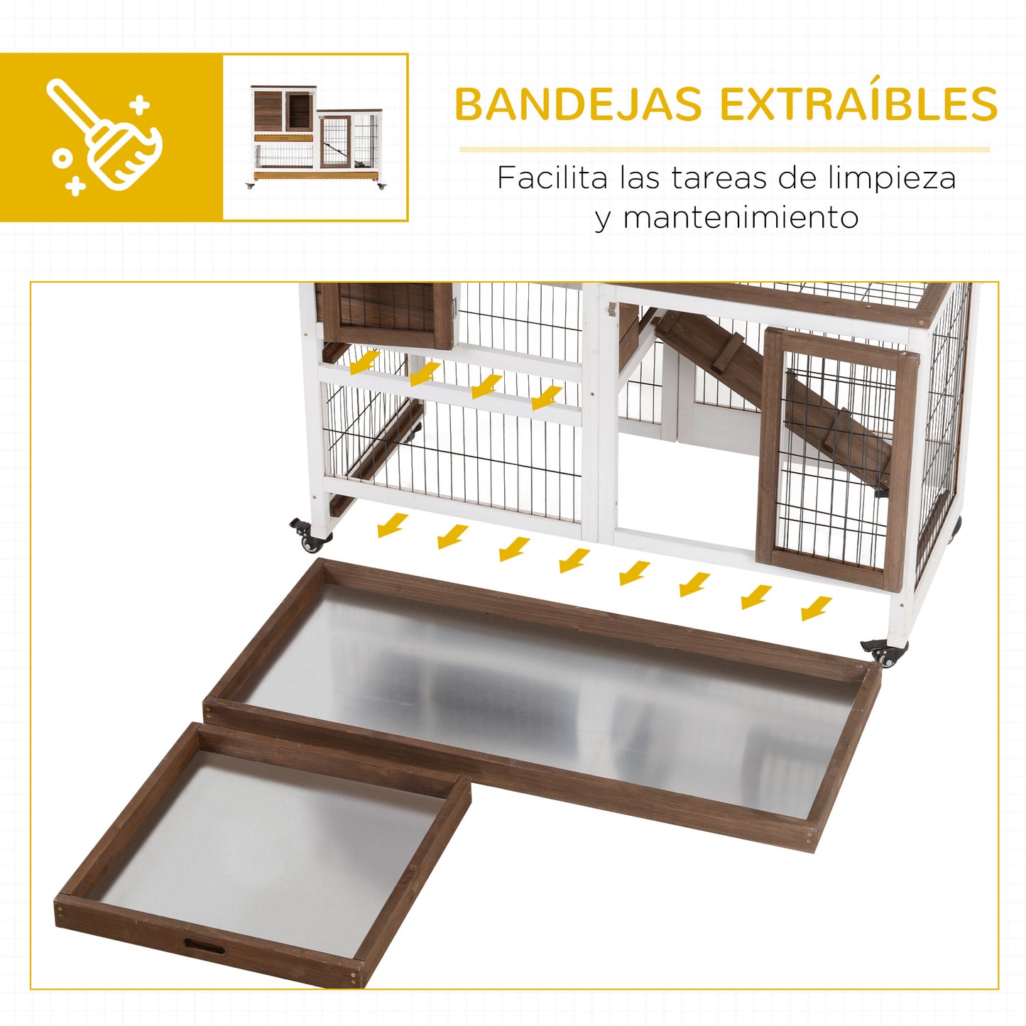 PawHut Conejera de Madera para Interior con Ruedas Jaula para Conejos Mascotas Pequeñas de 2 Pisos con Zona Abierta Rampa y 2 Bandejas Extraíbles 110x50x88 cm Marrón