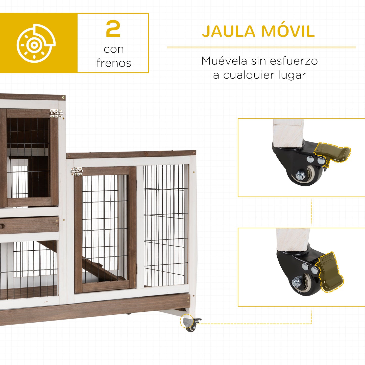 PawHut Conejera de Madera para Interior con Ruedas Jaula para Conejos Mascotas Pequeñas de 2 Pisos con Zona Abierta Rampa y 2 Bandejas Extraíbles 110x50x88 cm Marrón